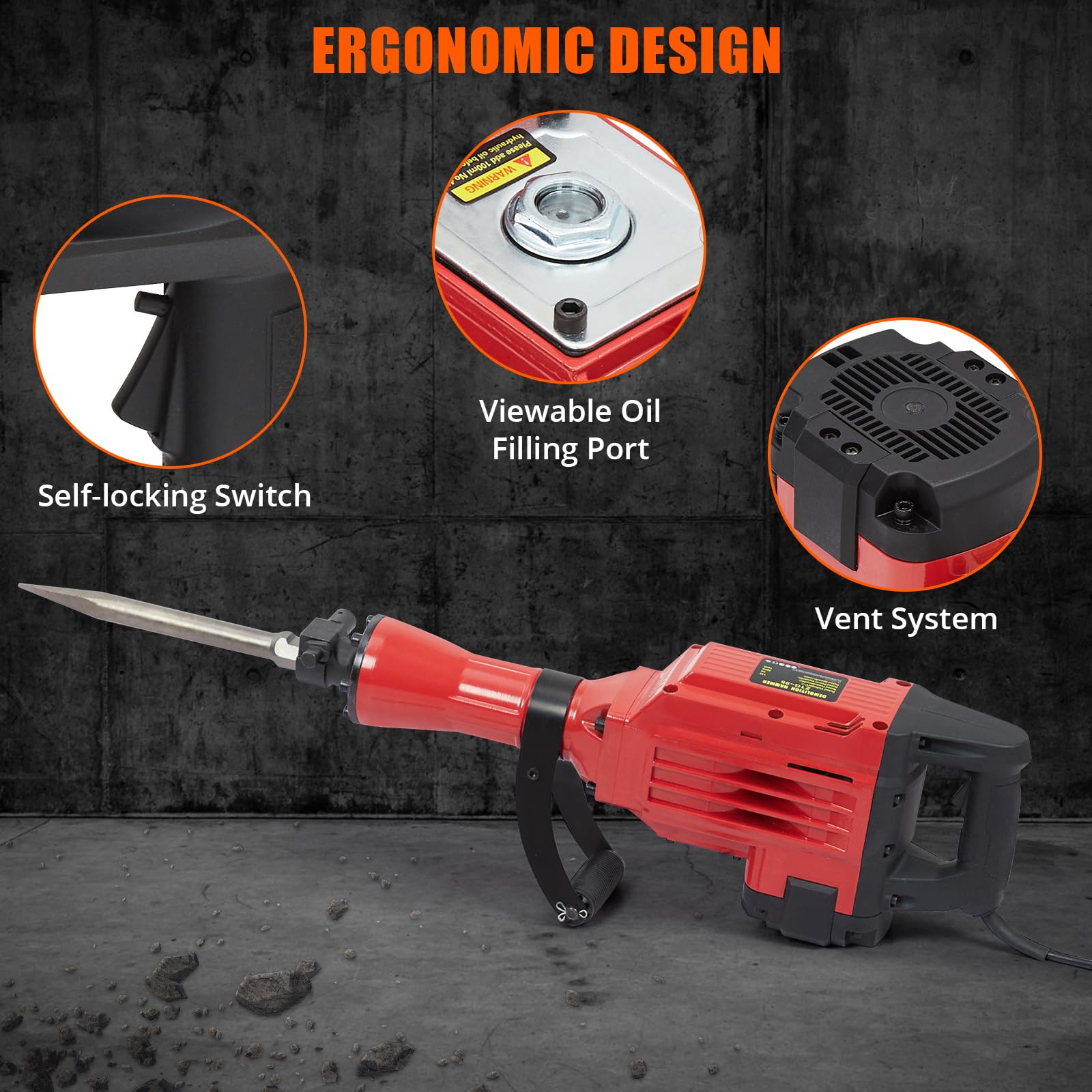 3600W Heavy Duty Electric Demolition Jack Hammer - Concrete Breaker with 4-Piece Chisel Bit Set, Carrying Case, Noise Canceling Earplugs & Shoulder Strap - Ideal for Construction, Demolition & DIY Home Renovation Projects