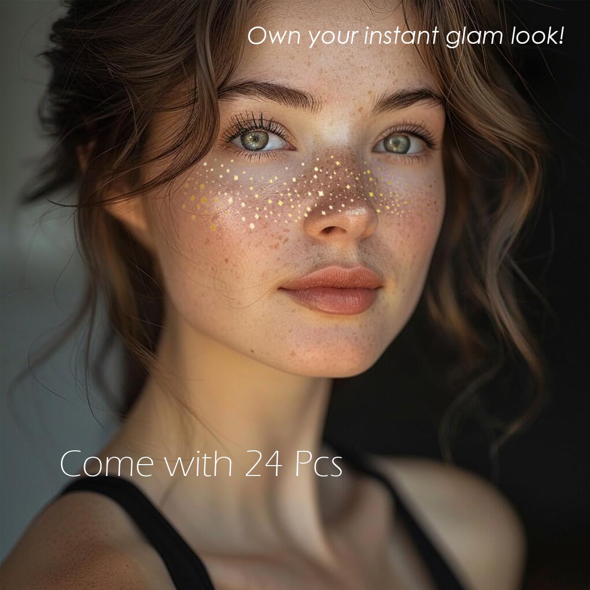 24PCS Waterproof Gold Glitter Freckles Face Tattoos - Temporary Sparkle Patches for Women, Glow Up Makeup, Festival & Party Accessories (Gold)