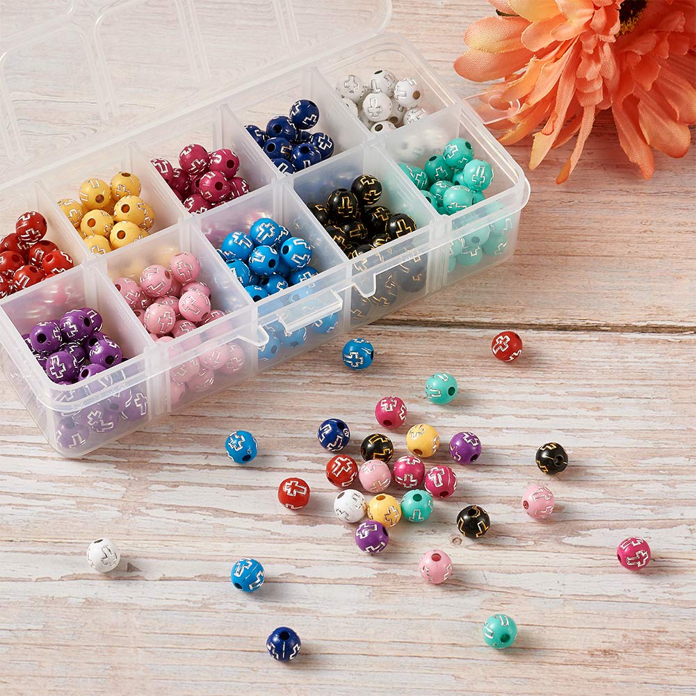 KISSITTY 300pcs 8mm Round Cross Loose Beads - 10 Color Acrylic Spacer Beads for DIY Jewelry Making, Bracelets, Necklaces & Craft Projects