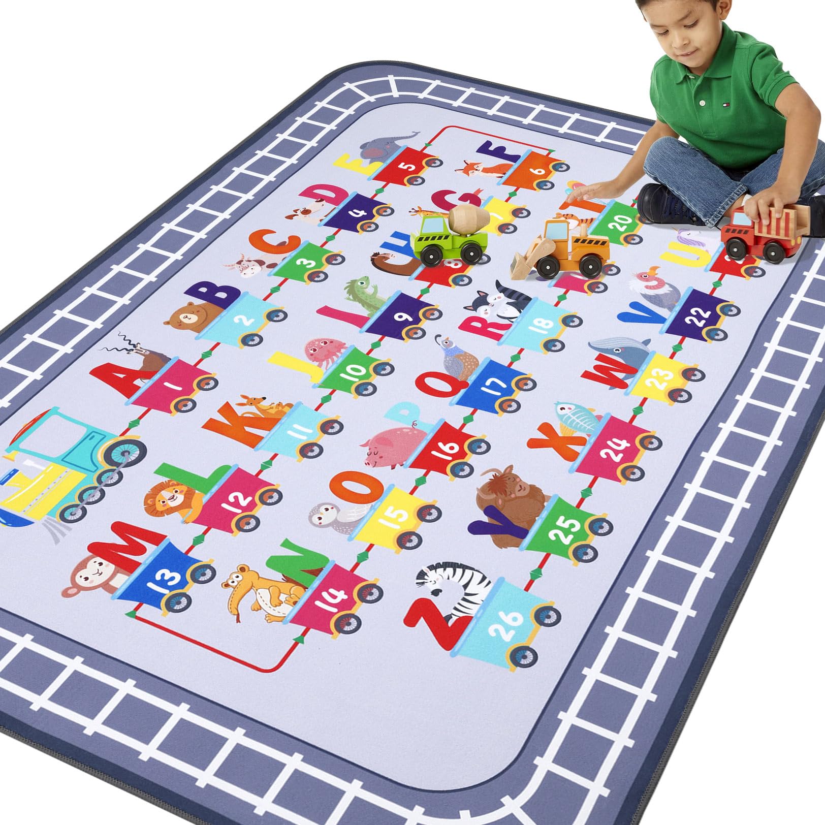 5x7Ft Non-Slip Kids Play Mat - Educational Train & Road Design Playroom Rug for Boys, Soft Floor Carpet for Classroom, Bedroom & Nursery (Grey) - Perfect for Learning, Playtime & Safe Toddler Activities