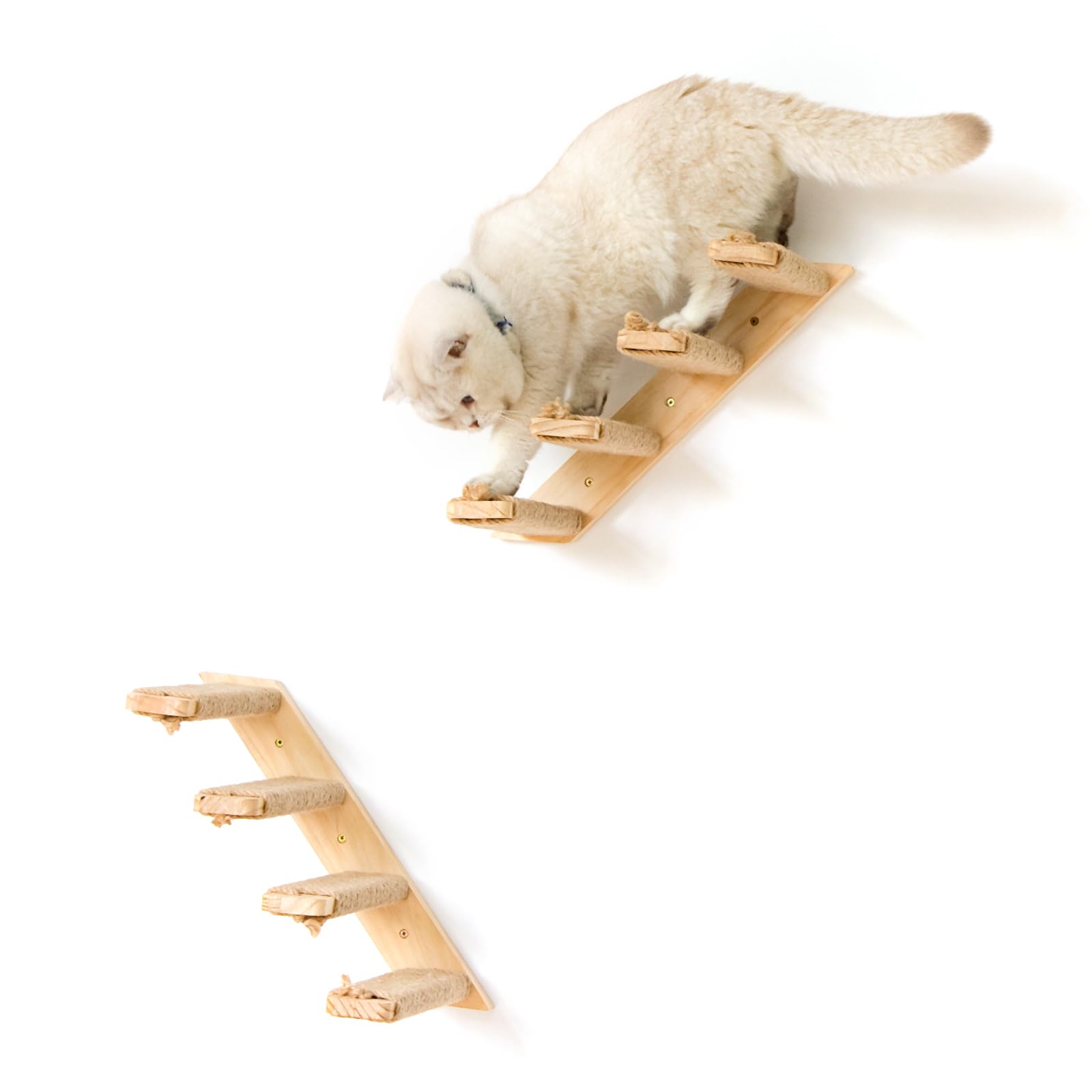 1 Pack 4-Step Cat Wall Shelves with Sisal Rope - Sturdy Cat Wall Steps & Climbing Tree Accessories, Large Size, Brown-White - Perfect for Indoor Cat Play & Exercise