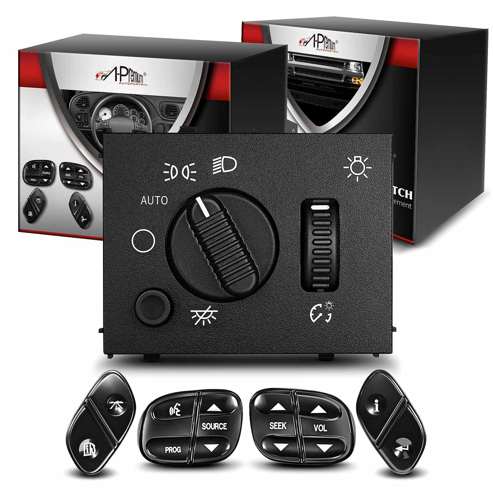 Premium Headlight Dimmer Switch & Steering Wheel Control Switch Compatible with Chevy Silverado Tahoe Trailblazer GMC Sierra Yukon Hummer H2 2003-2007 - Set of 5 - Easy Installation for Night Driving & Vehicle Control