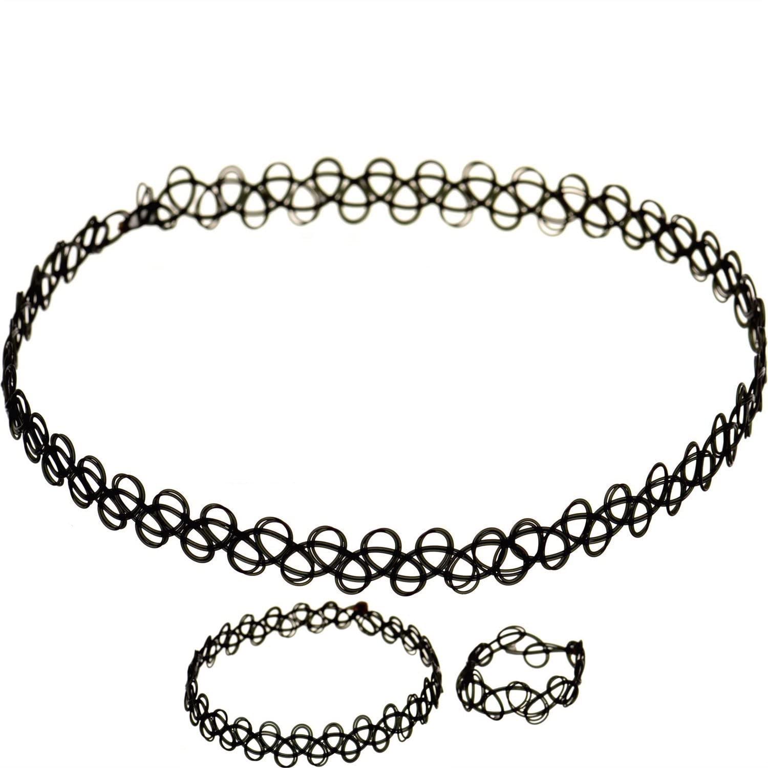 GAUEIOUR Bohemian Tattoo Choker Set - Hollow Out Woven Elastic Necklace, Bracelet & Ring Jewelry Set for Women | Gothic Punk Fashion Accessories | Perfect Gift for Girls (Black, 3-Piece Set) | Great for Music Festivals, Parties and Everyday Boho Style