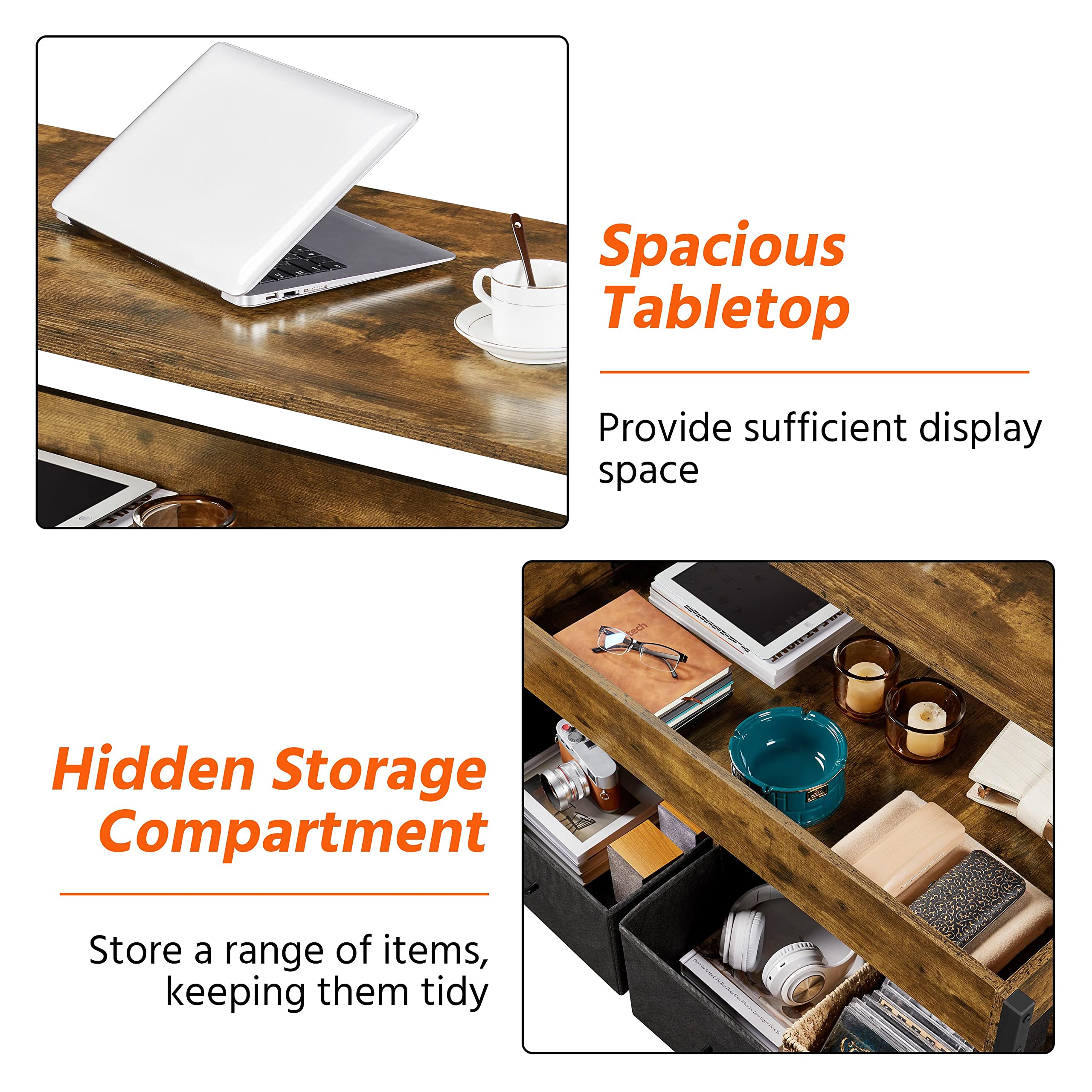 Topeakmart Lift Top Coffee Table with Hidden Storage Compartment, Open Shelves & 2 Fabric Baskets - Modern Rustic Brown Lift-Top Ottoman Table for Living Room, Perfect for Storing Blankets, Magazines & Remote Controls
