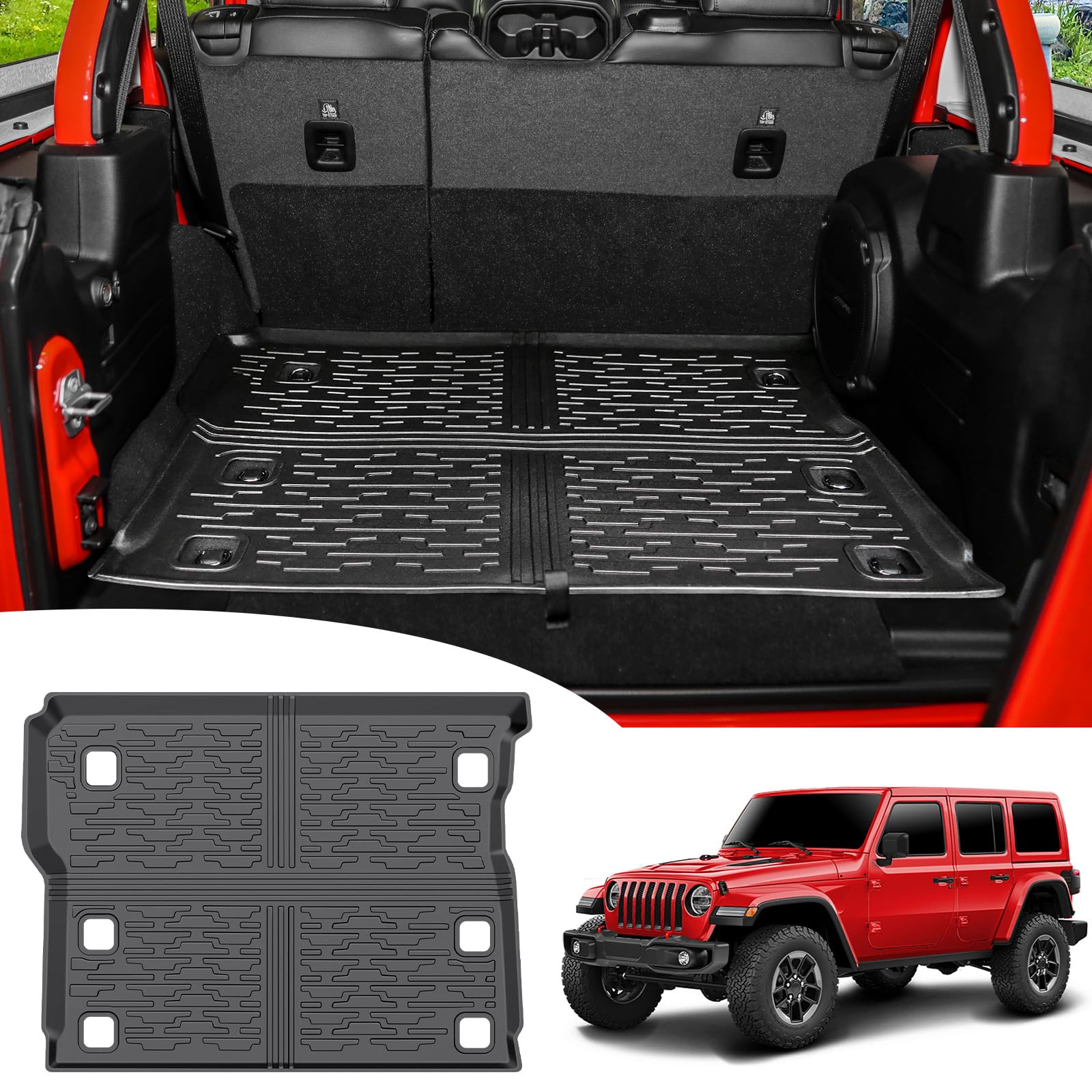 2023-2024 Jeep Wrangler JL Unlimited 4X4 Trunk Mat - Heavy Duty TPE Cargo Liner with Subwoofer Cutout | Waterproof Floor Protection for 4-Door Models (2018-2024) | Perfect for Off-Roading, Camping & Daily Use (Excludes 4XE Models)