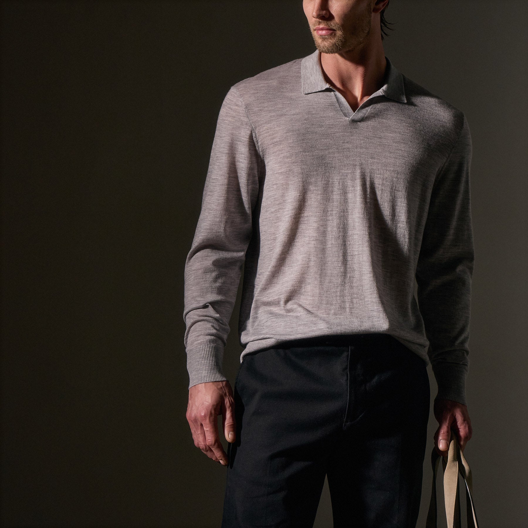 Premium Ultrafine Cashmere Open Polo for Men - Light Heather Grey | Soft & Breathable Luxury Knitwear for Business Casual & Relaxing Weekends