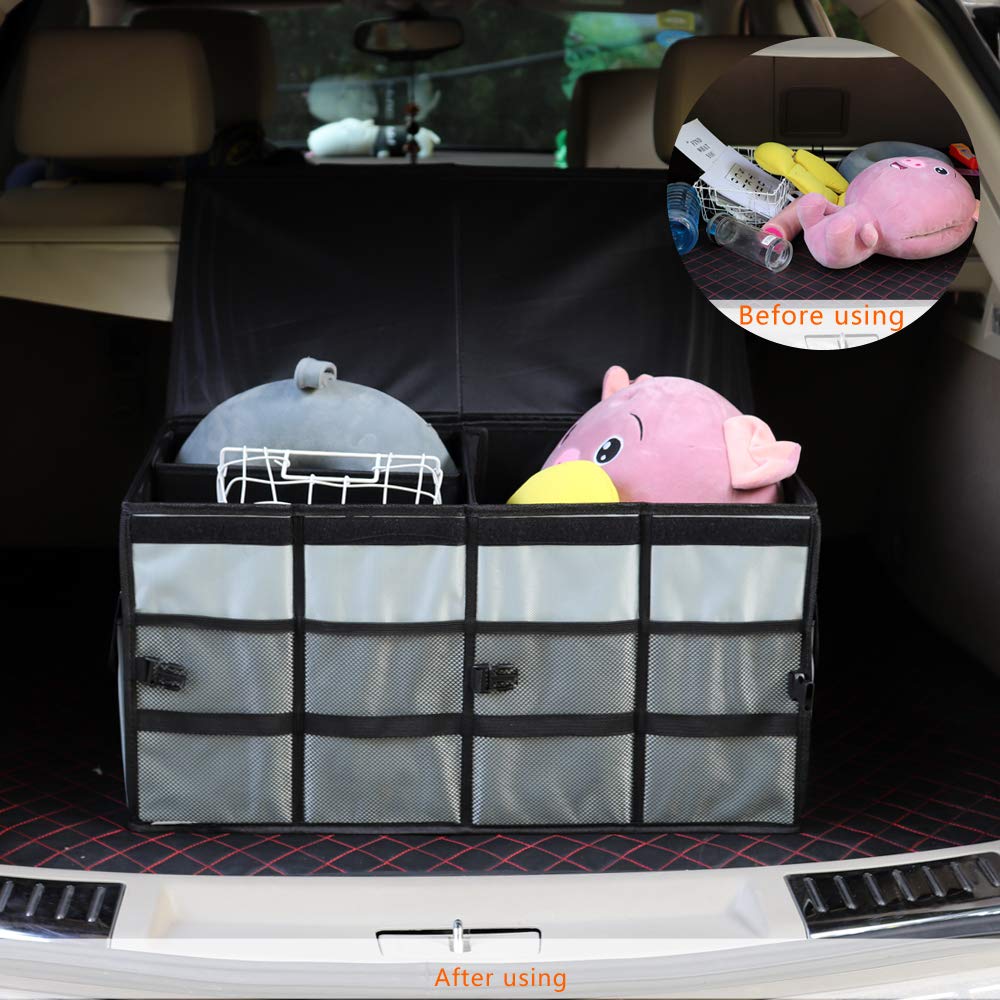 Collapsible Car Trunk Organizer with Non-Slip Straps - Large Multi-Compartment Storage for SUV, Truck, Minivan & Vehicle (Space Gray) - Perfect for Road Trips, Grocery Shopping & Auto Organization