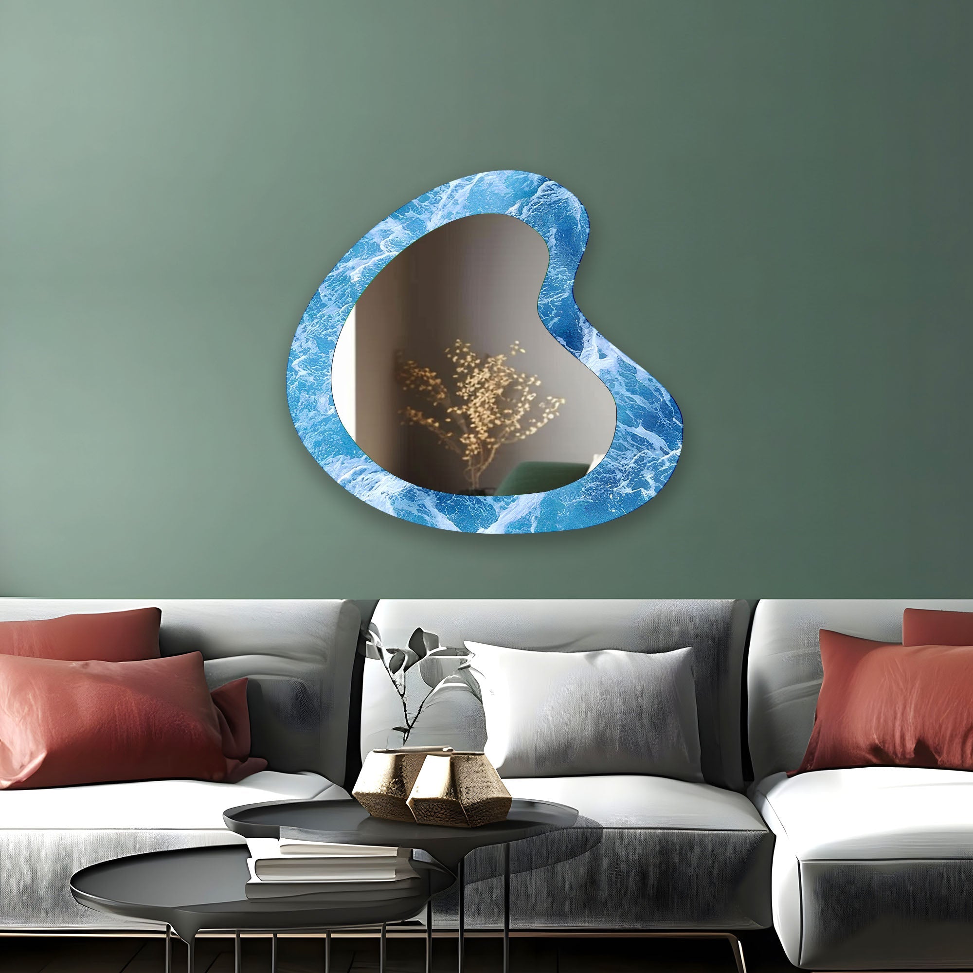 Blue Sea Waves Aesthetic Wall Mirror - Coastal Decor for Bathroom, Bedroom & Living Room - Perfect for Beach House & Nautical Theme Interior Design