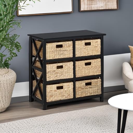 eHemco 3-Tier X-Side End Storage Cabinet with 6 Wicker Baskets - Black | Space-Saving Organizer for Bedroom, Bathroom, or Living Room | Sturdy Metal Frame & Stylish Storage Solution