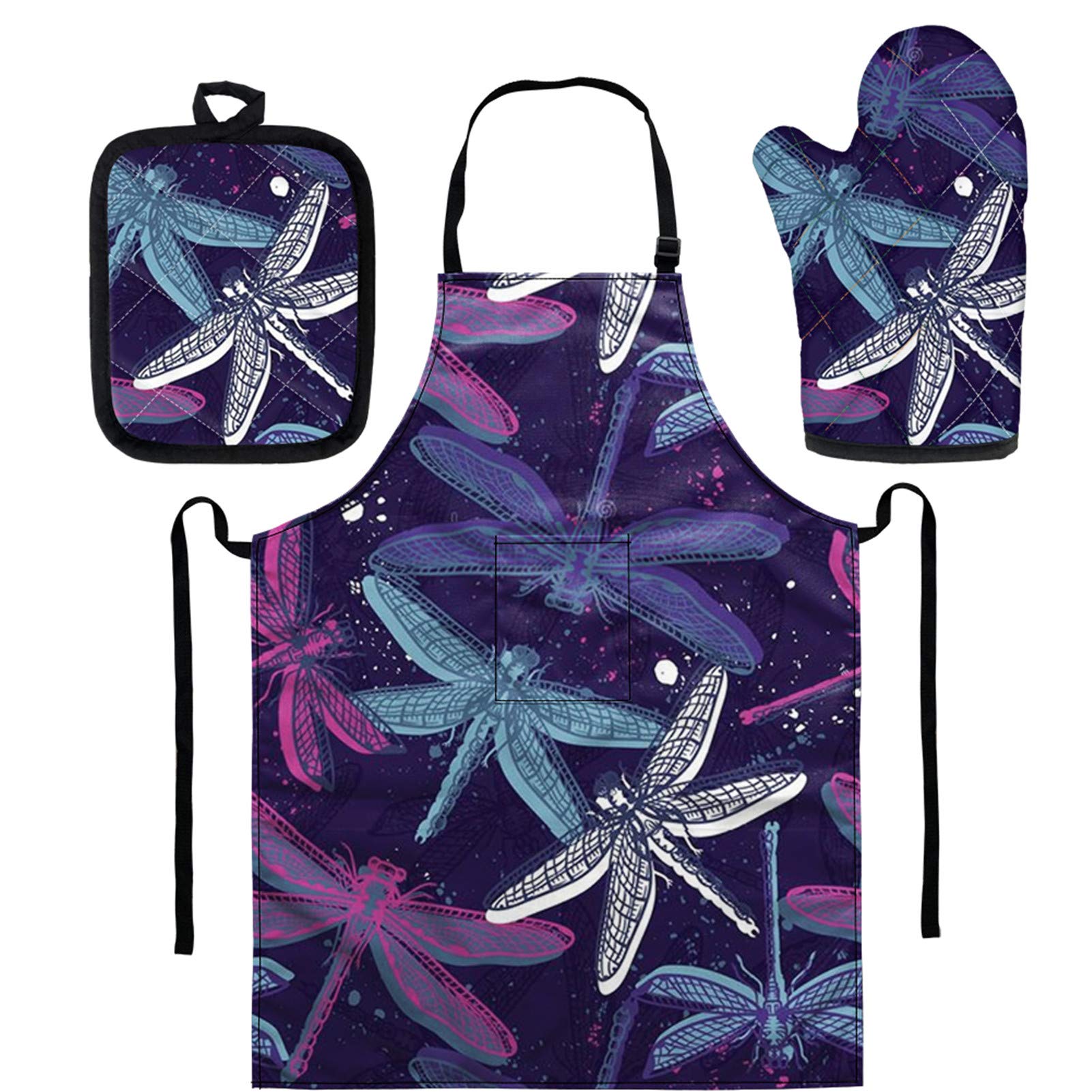 FKELYI Heat Resistant Kitchen Apron Set with Oven Mitts & Pot Holder - 3 Piece Cooking Accessories for Baking, Grilling & BBQ (Dragonfly Design, Purple) - Perfect for Home Chefs & Outdoor Cooking