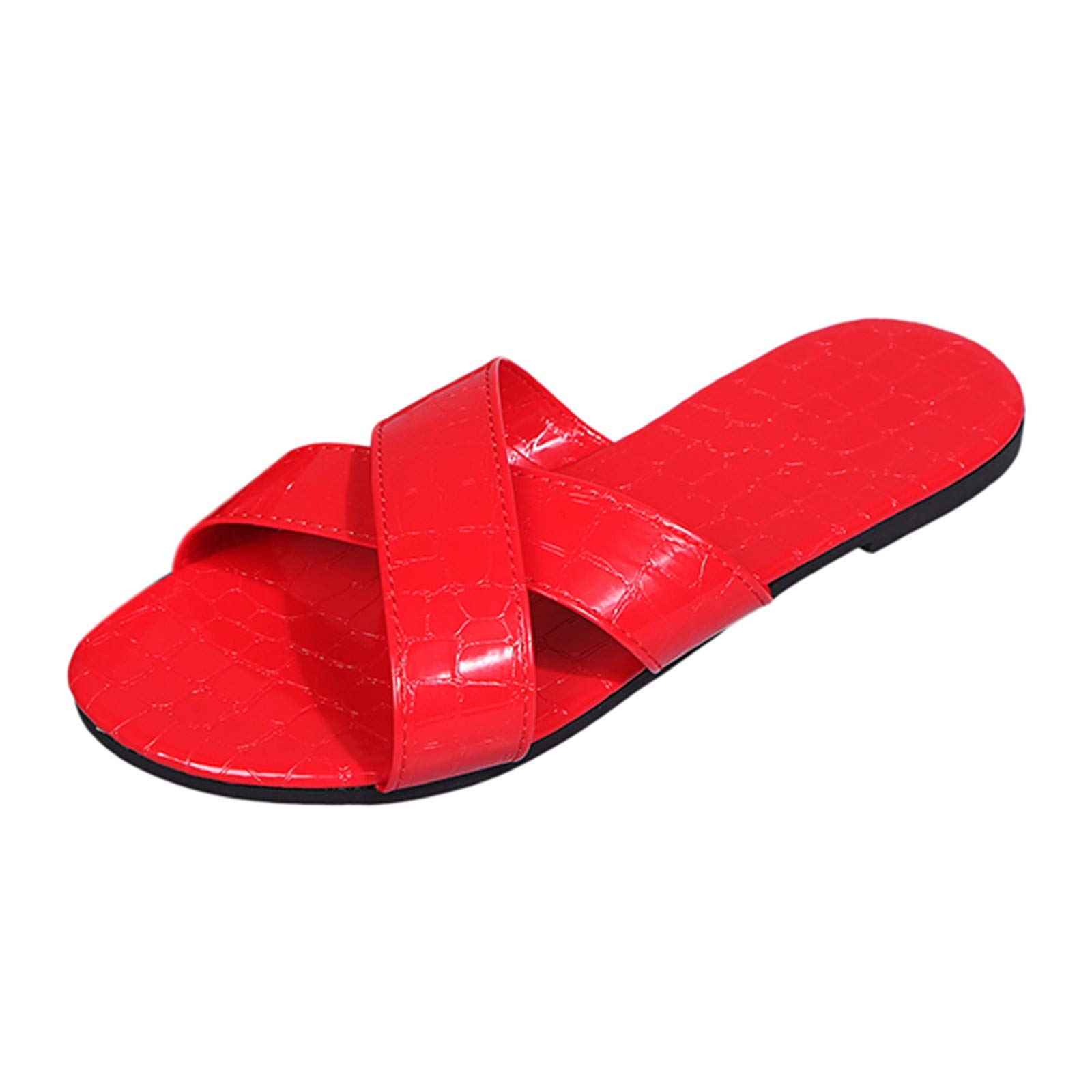 FFENYAN Women's Cross Strap Flat Slippers - Low Heel Non-Slip Open Toe Slide Sandals | Genuine Leather Solid Color House Shoes for Indoor/Outdoor Comfort