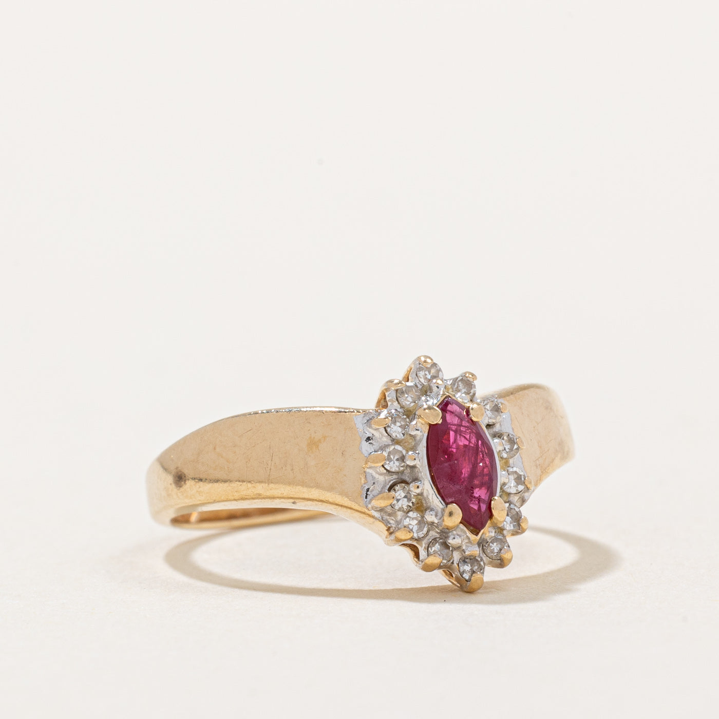 Exquisite Ruby & Diamond Halo Chevron Ring | 0.23ct Natural Ruby & 0.08ctw Diamond Accents | Size 6 | Perfect for Anniversary Gifts, Engagement Rings & Special Occasions