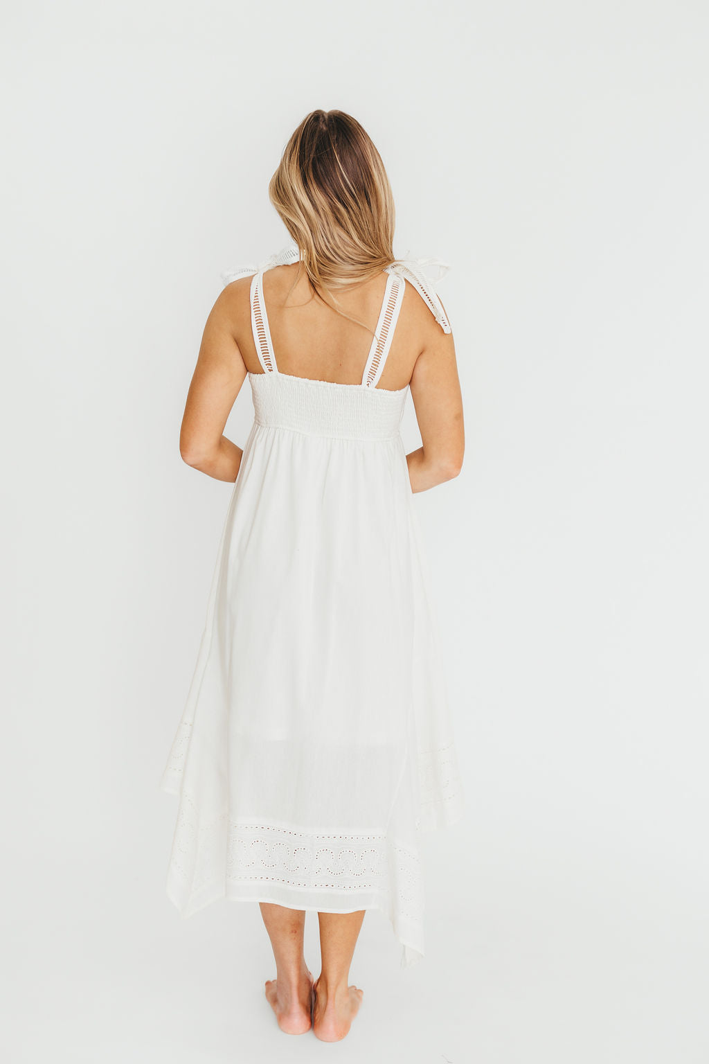 Palmer Asymmetrical Hem Midi Dress - White Flowy Summer Dress for Women | Perfect for Beach Vacations, Date Nights & Special Occasions
