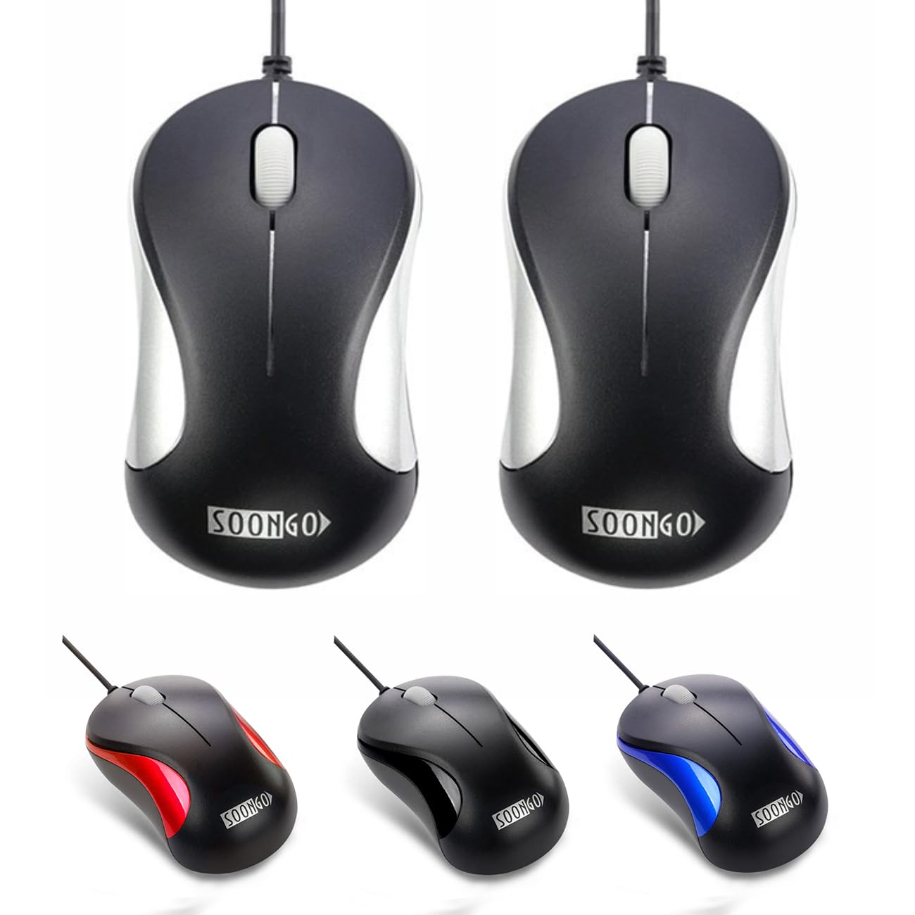 SOONGO 2 Pack USB Wired Mouse - Ergonomic Optical Computer Mice for Laptop, PC, Desktop - Silver (Perfect for Office Work, Home Use & Gaming)