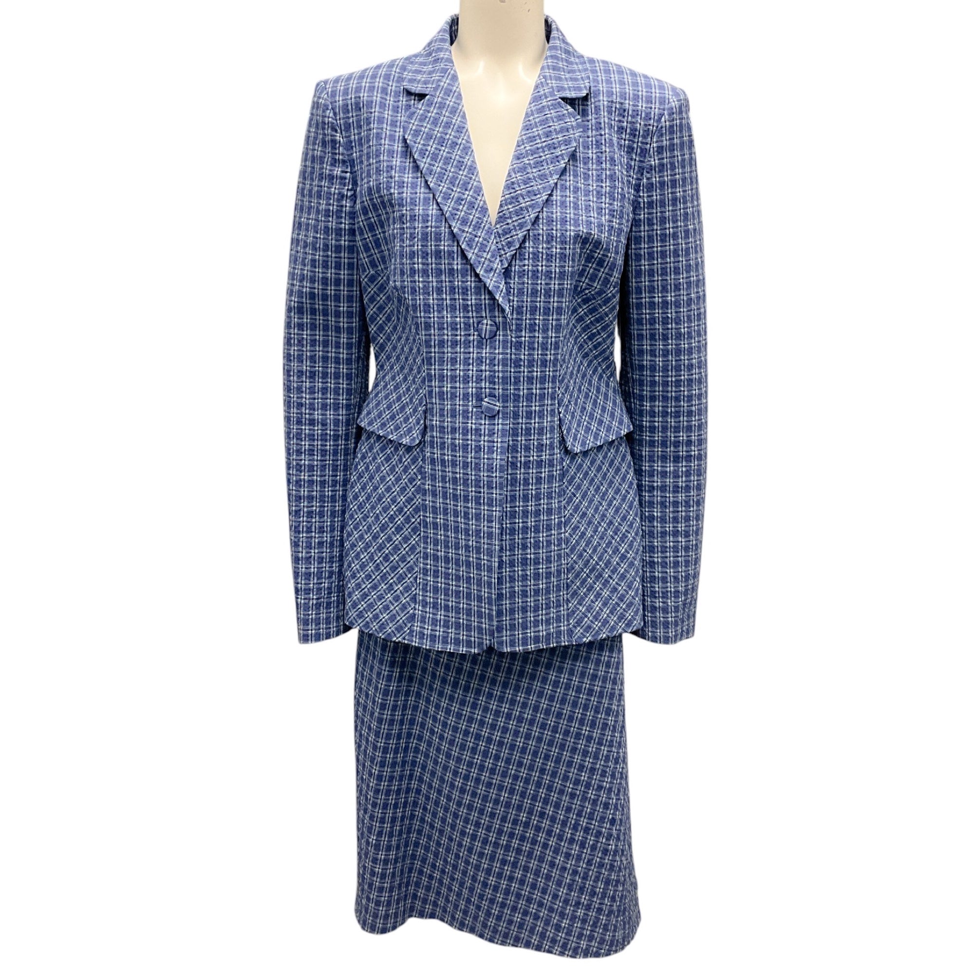 Altuzarra Blue Plaid Jacket and Skirt Two Piece Suit Set for Women | Office Wear & Special Occasions | Fashionable Tartan Outfit