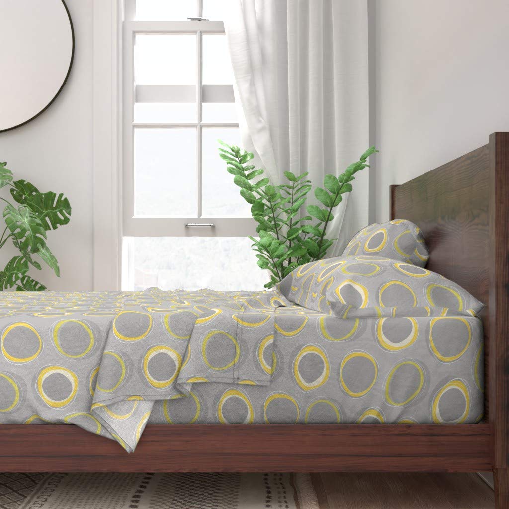 Solar Yellow & Gray Mod Abstract Circles Print 100% Cotton Twin Sheet Set (3-Piece) | Mid-Century Modern Bedding for Guest Rooms & Dorm Decor