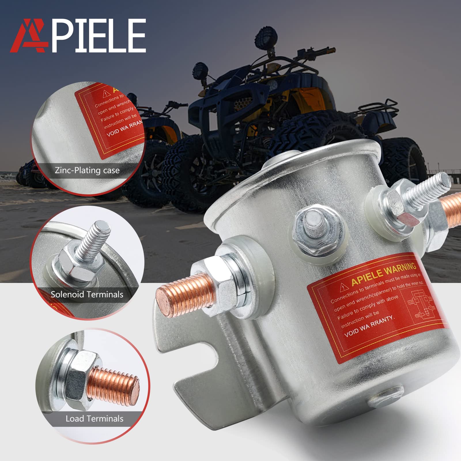APIELE 12V DC 125A Continuous Duty Solenoid Relay - Zinc-Plated Heavy Duty Starter Relay (300A Inrush Current) for Golf Carts, Winches, Marine Applications - 4 Terminals SPST 1NO Design - Perfect for E-Z-GO Vehicles, Off-Road Equipment & Power Sports