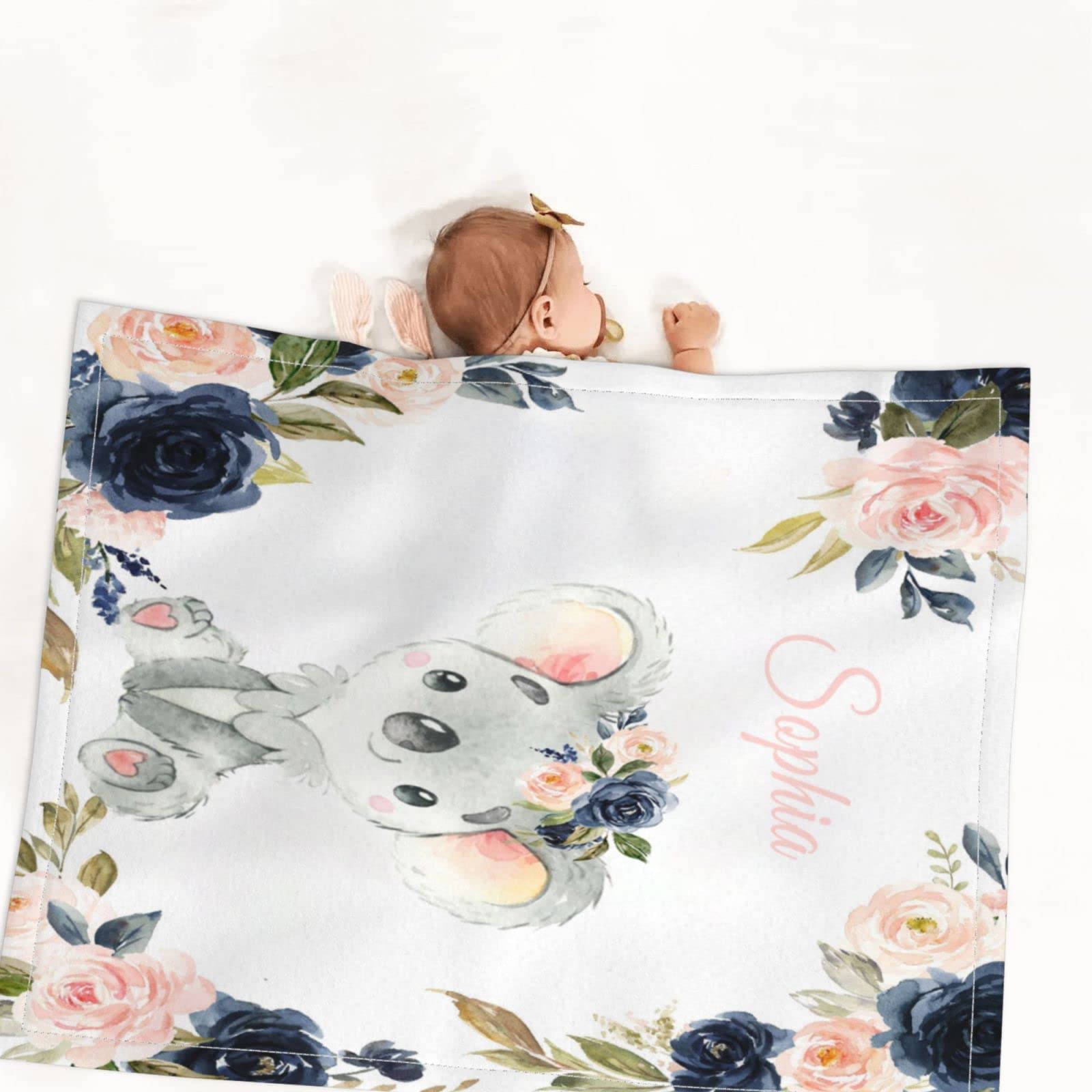 Custom Personalized Baby Blankets with Name - Elephant Woodland & Sunflower Crown Designs for Newborn Boys and Girls | Perfect for Nursery, Christening Gifts & Photo Props (Kola2)