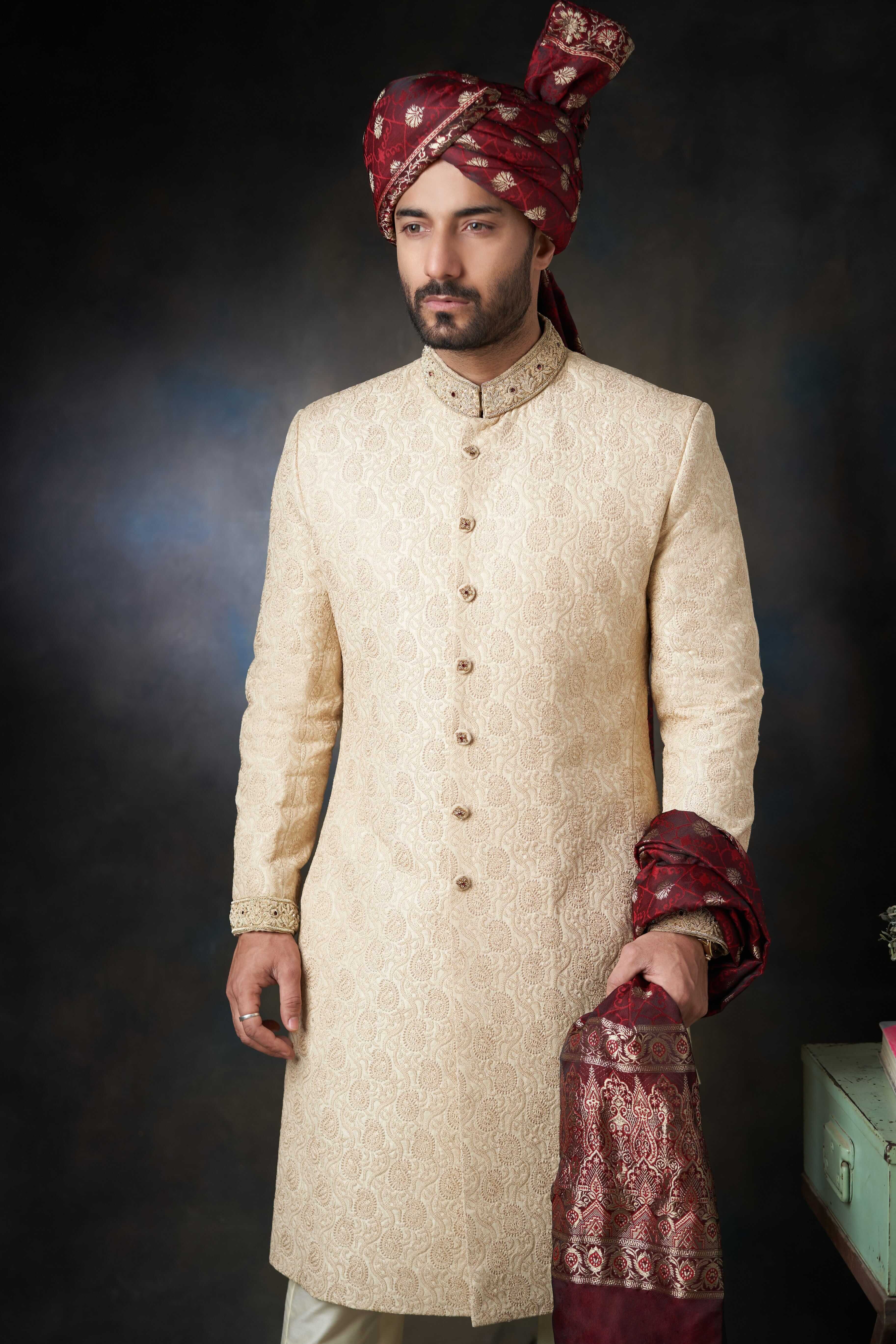 Luxury Gold Paisley Raw Silk Sherwani for Men with Velvet Shawl & Zardozi Embroidery | Indian Wedding Attire | Groom Outfit | Ethnic Party Wear