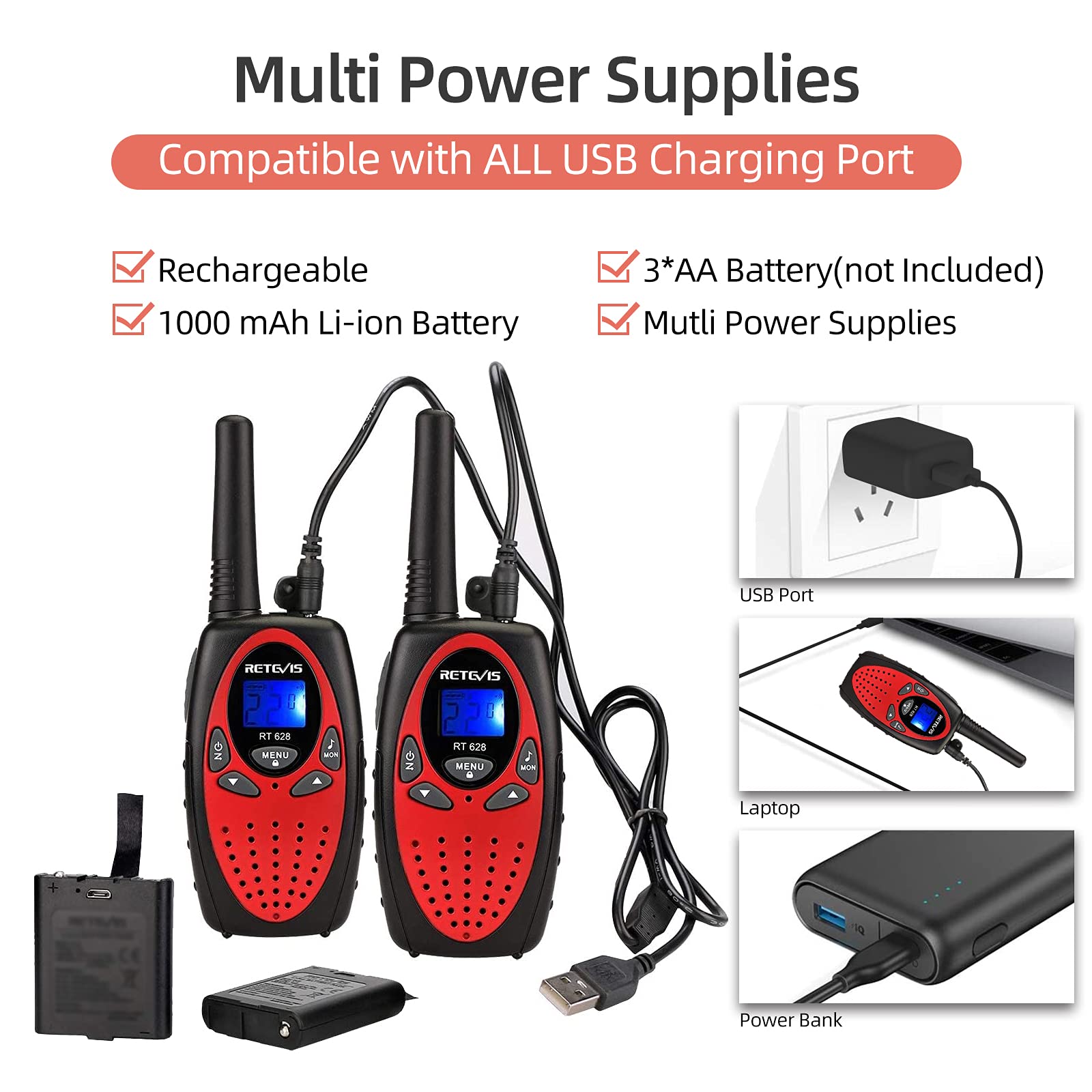 Retevis RT628 Kids Walkie Talkies Rechargeable - 2 Pack Long Range 2 Way Radios with 22 Channels, Backlit LCD Screen & VOX - Perfect for Indoor Outdoor Adventures, Camping, Hiking (Red) - Ideal Gift for Boys Girls Ages 6-12