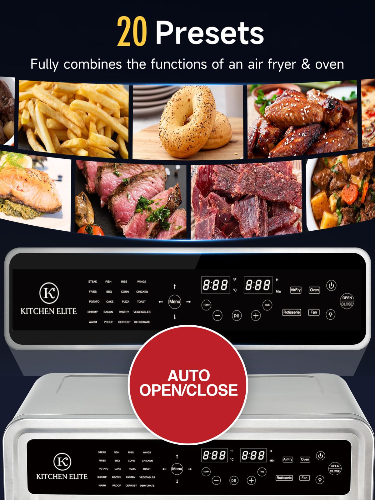 30QT French Door Air Fryer Oven - 20-in-1 Multi-Function Convection Toaster Oven with Touch Control, Rotisserie & Dehydrator | 5 Heating Elements up to 450°F | Includes Pizza Stone & 9 Accessories | Perfect for Baking, Roasting, Air Frying & Meal Prep in Home Kitchen