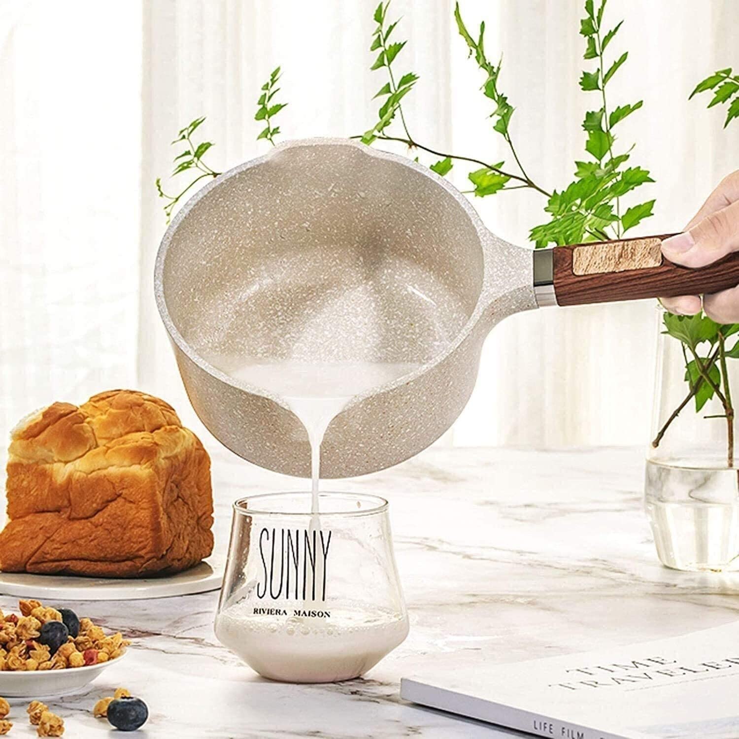 Non-Stick Maifan Stone Wok Pot with Wooden Handle - 18cm Multi-Functional Soup Pot, Milk Pot & Cooking Pan for Home Kitchen | Perfect for Boiling, Stewing & Serving Dishes