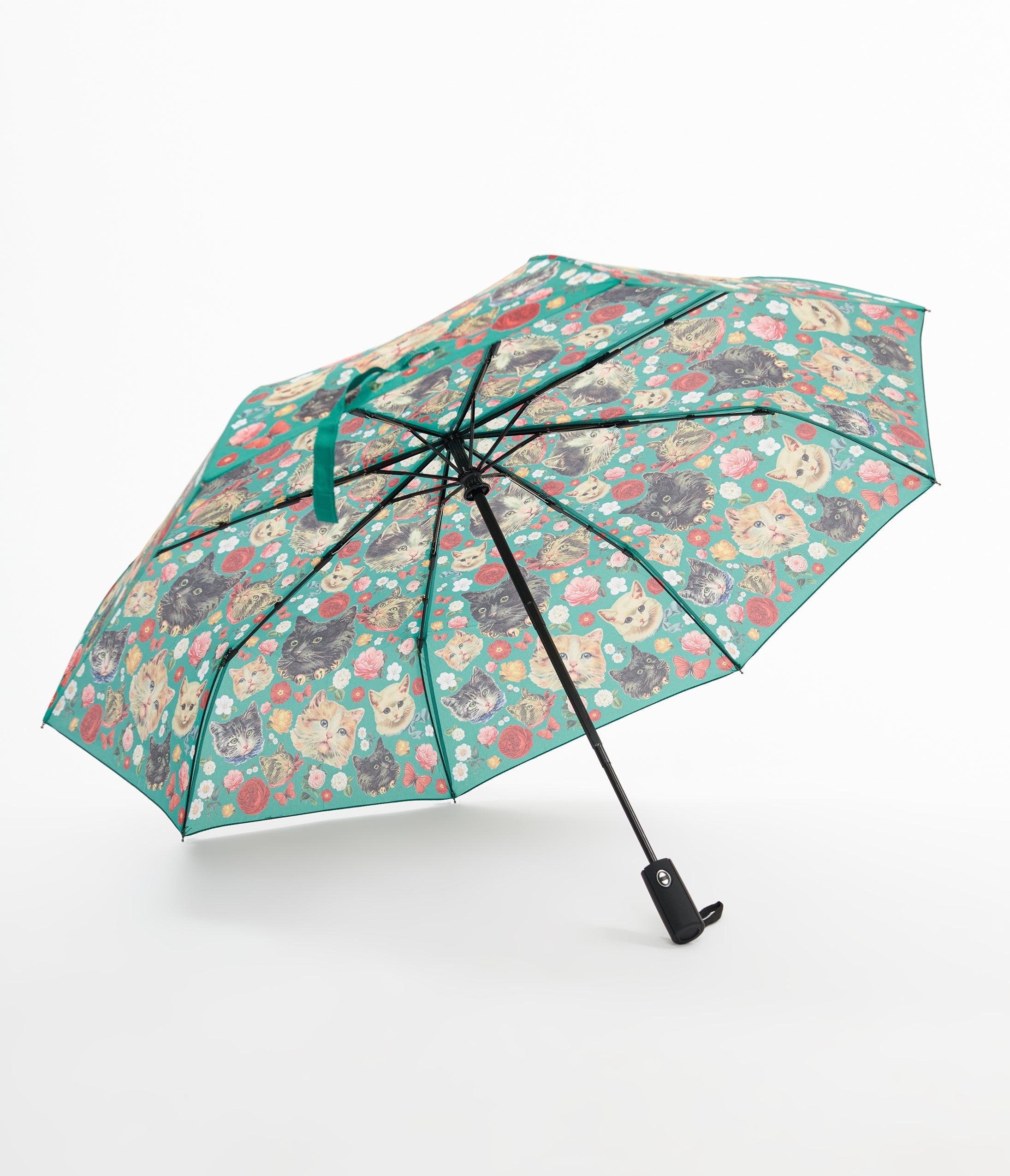 Stylish Green Cat Print Umbrella - Waterproof Compact Folding Umbrella with Cute Kitty Design | Perfect for Rainy Days, Outdoor Activities & Fashion Accessory