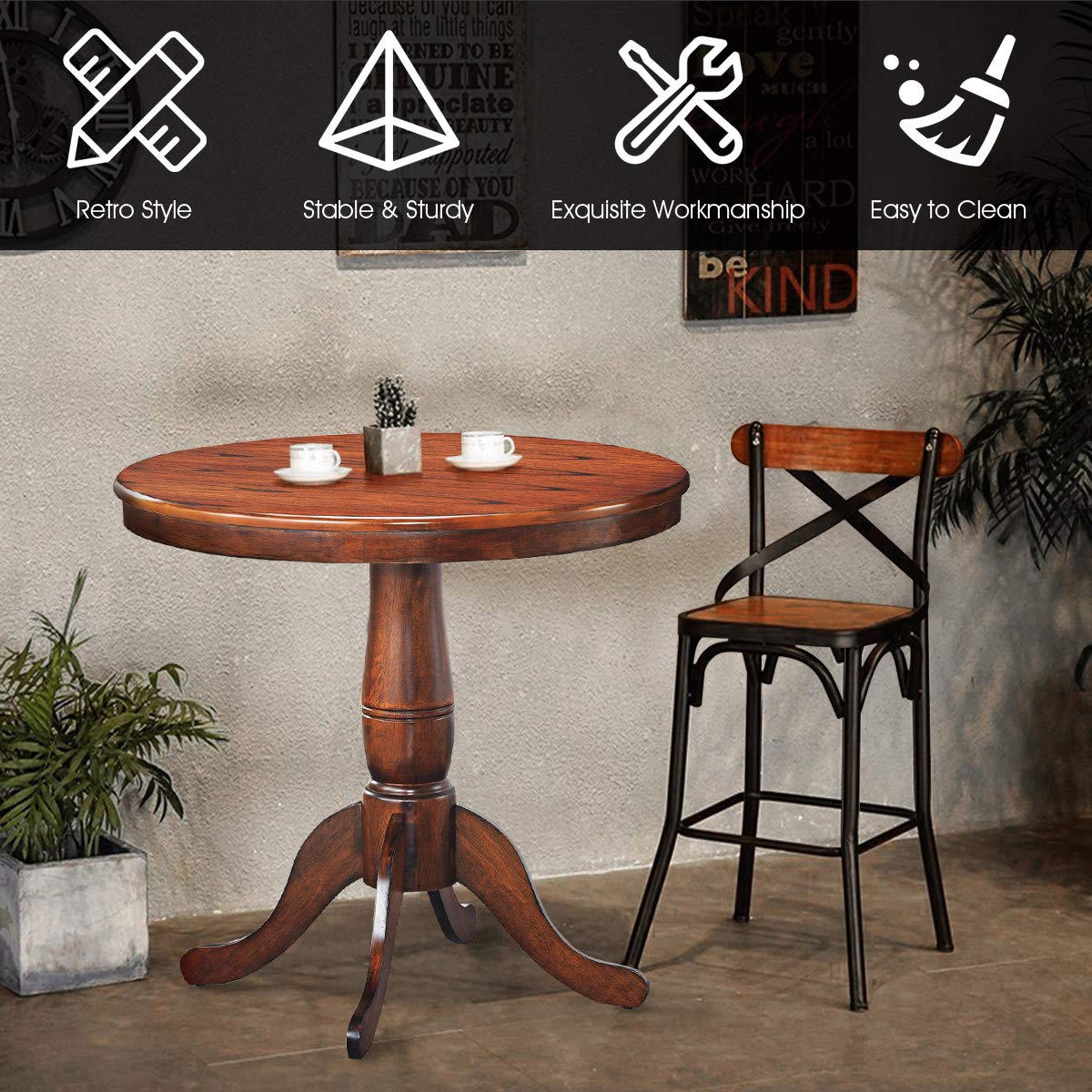 MIDDOW 32 Inch Round Dining Table - Solid Rubber Wood Pub Table with Smooth Edges & Foot Pads, Multi-Purpose Side Table for Kitchen, Restaurant, Cafe, Living Room (Walnut Finish, Model HW63397) - Perfect for Small Space Dining, Coffee Break, and Home Office Workspace