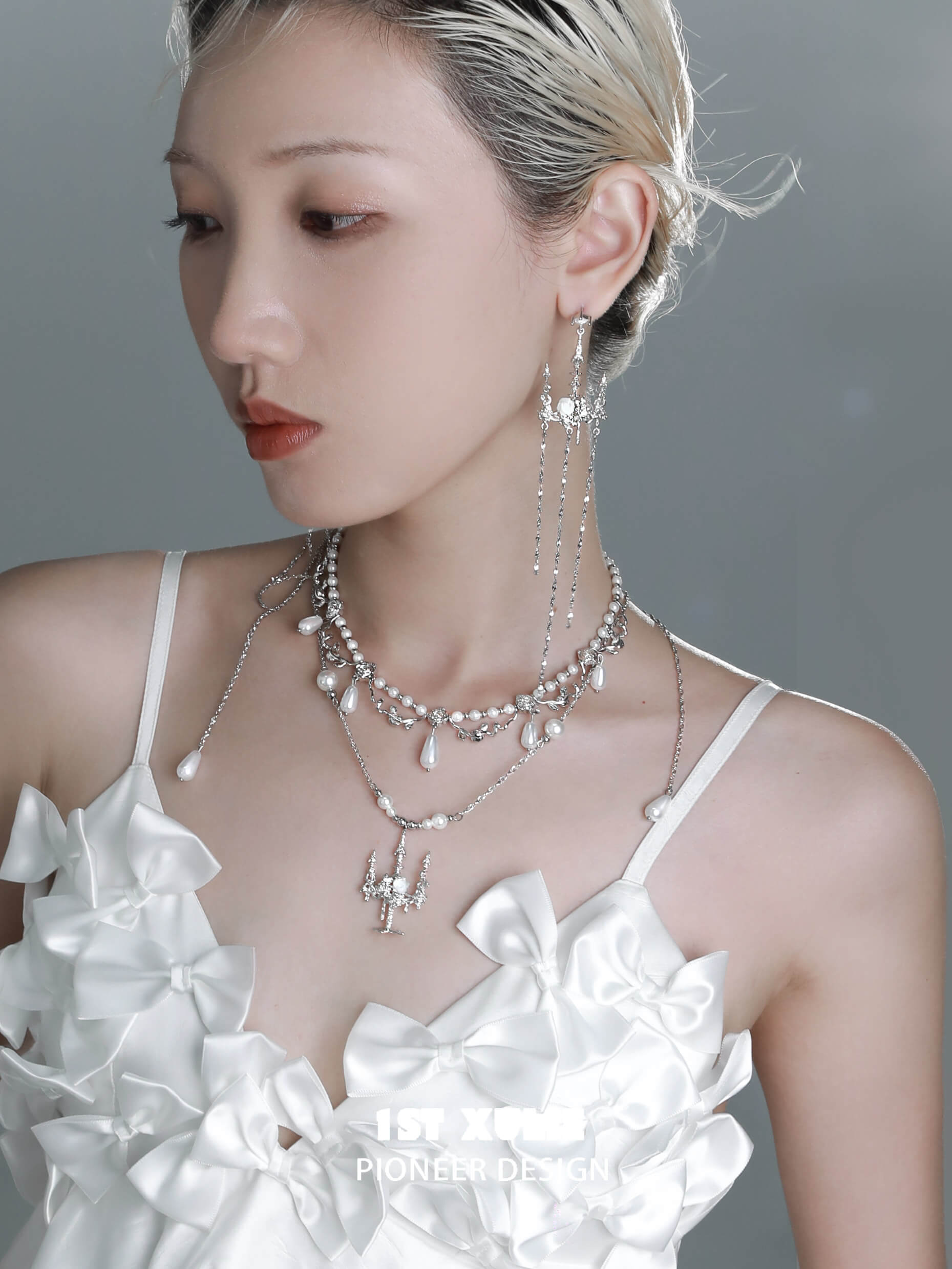 S925 Sterling Silver Rose White Shell Pearl Chandelier Necklace for Women - Elegant Crystal Palace Design, Perfect for Weddings, Parties & Special Occasions