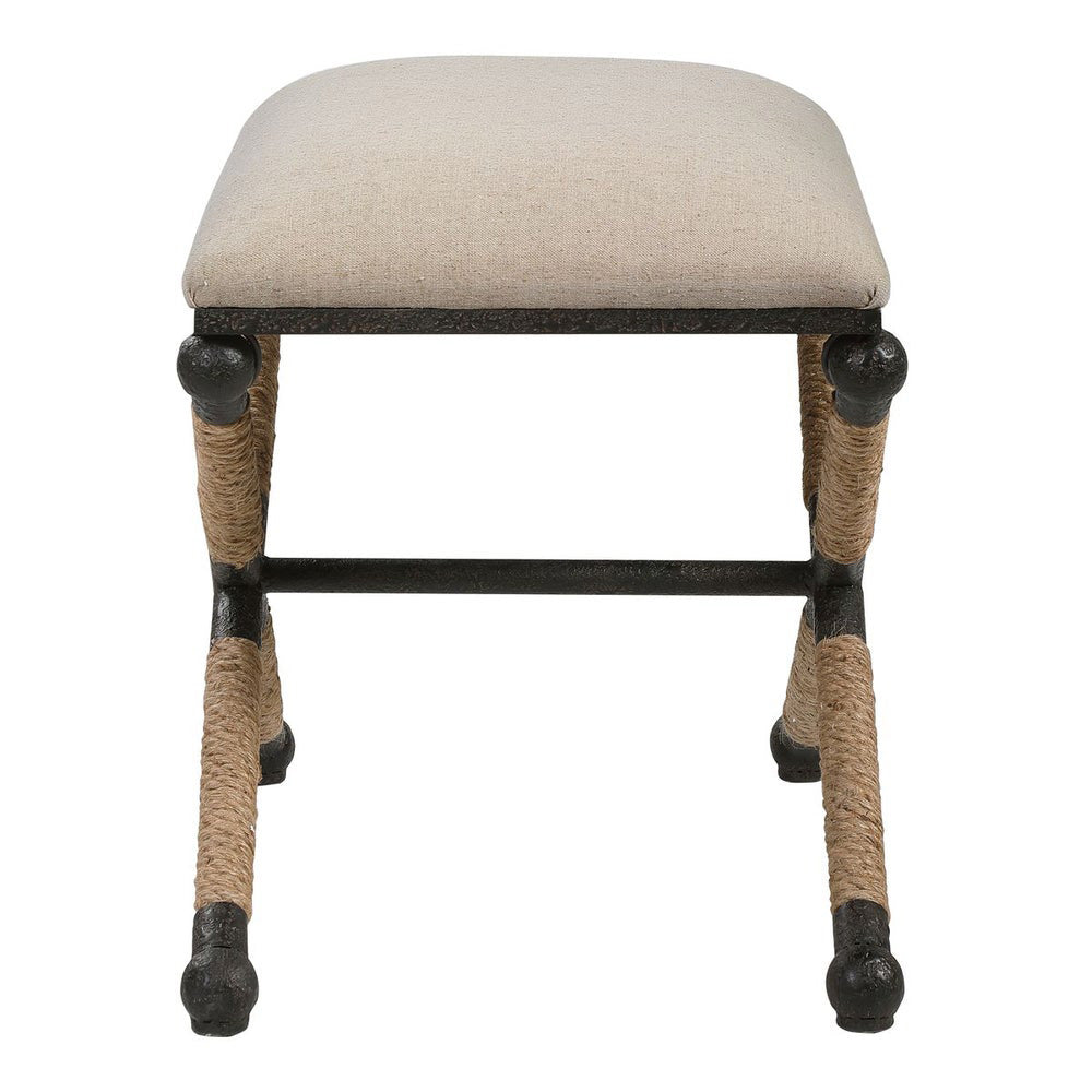 Nautical Ottoman with Ivory Cushion & Rustic Iron Frame - Coastal Style Storage Bench for Bedroom, Living Room | Perfect for Beach House Decor, Guest Seating & Extra Storage