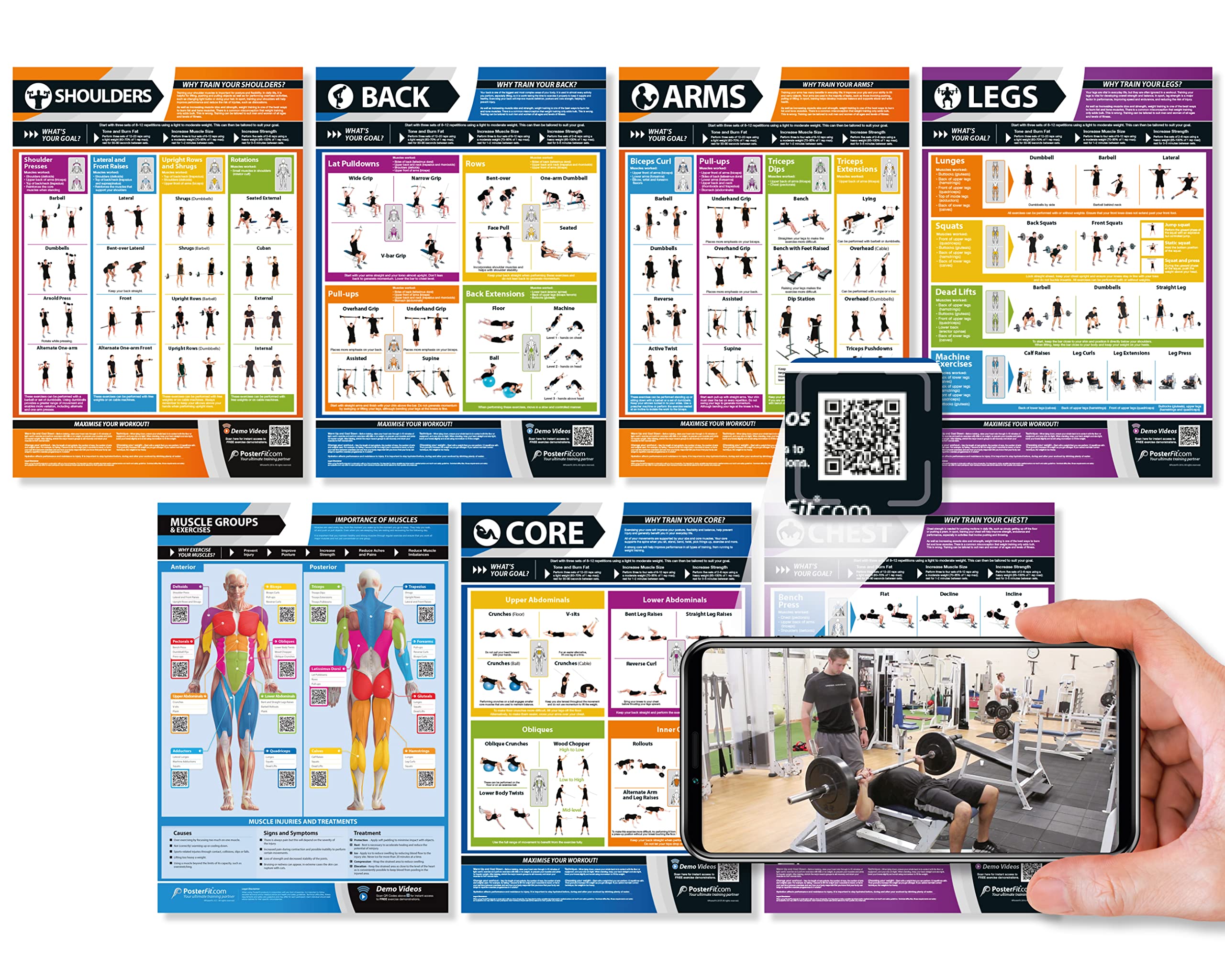 Professional Workout Posters for Home Gym - 7-Piece Laminated Exercise Charts (24