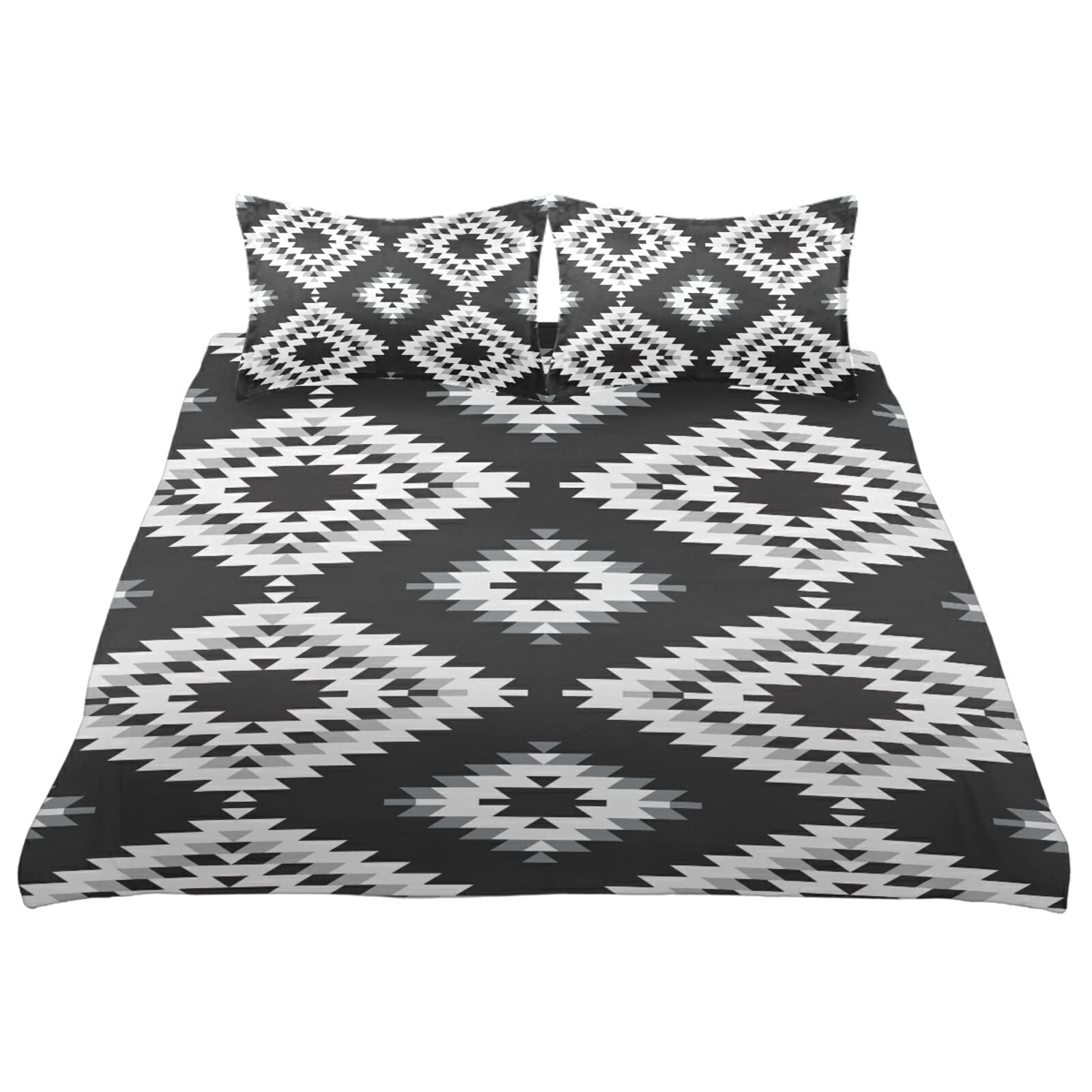 Poeticcity 100% Cotton Queen Size Bedding Set - Turkish White Gray Black Patchwork Tribal Oriental Folk Geometric Design, 3-Piece Comforter Duvet Cover with Pillowcases | Soft & Breathable for All Seasons, Perfect for Master Bedroom, Guest Room, or Bohemian Home Decor