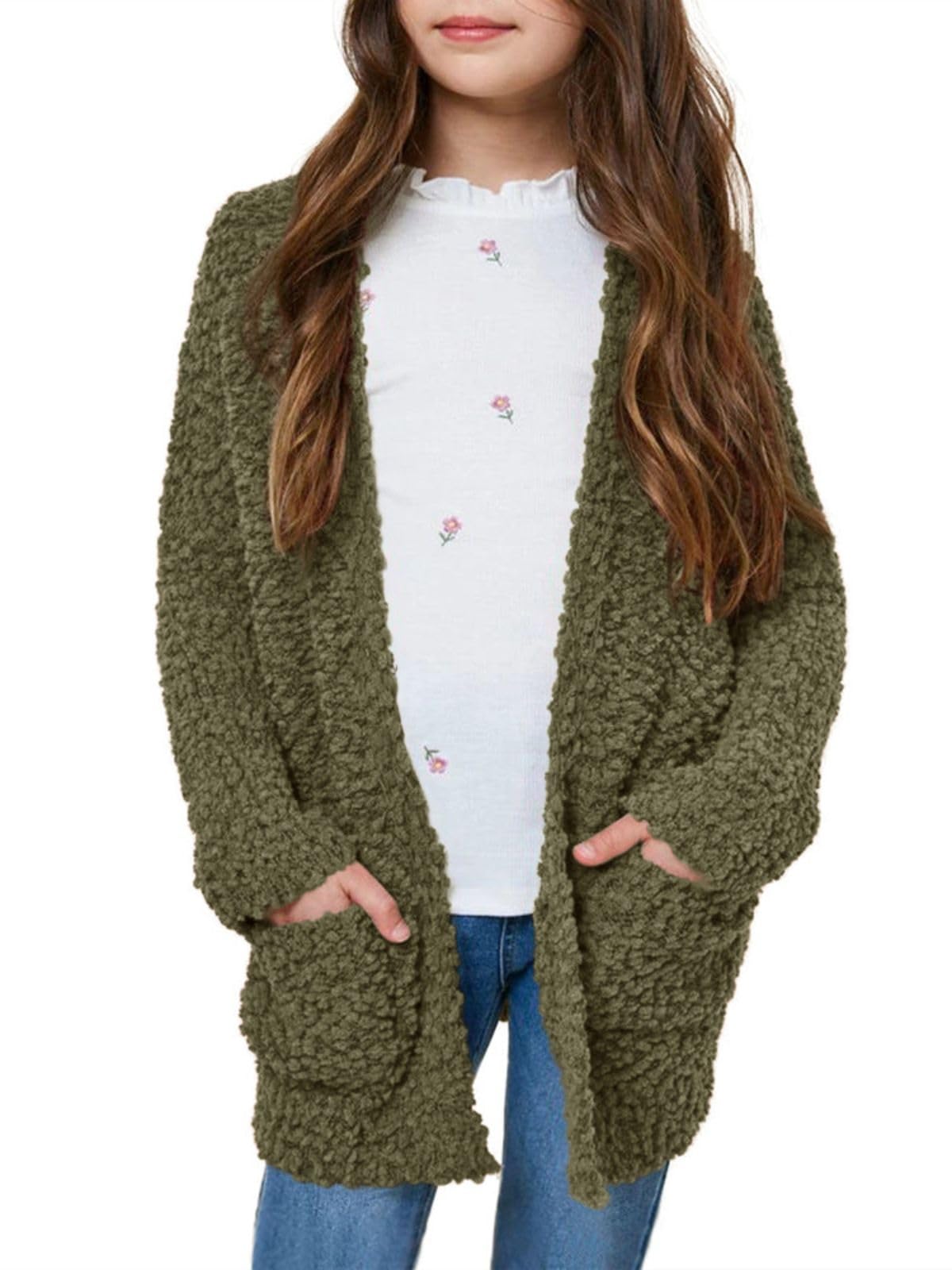 Imily Bela Girls Cardigan Sweater - Open Front Popcorn Knit Long Sleeve Coat with Pockets | Cute & Cozy Fall Winter Outfit for School, Playdates & Family Photos