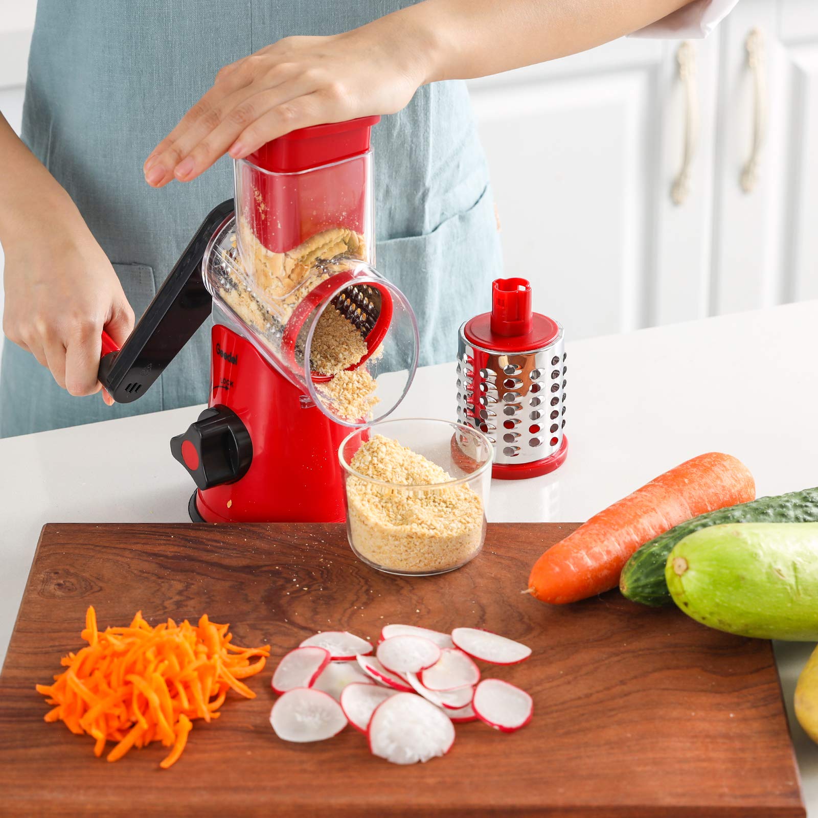 Geedel Rotary Cheese Grater & Vegetable Slicer - 2 Interchangeable Blades for Fruits, Veggies, Nuts - Easy Clean Kitchen Mandoline - Perfect for Salads, Pasta Garnish & Meal Prep