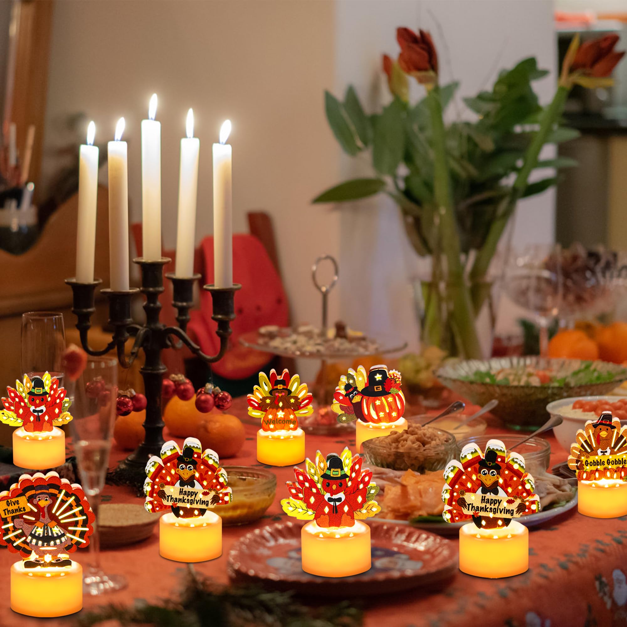 12 Pack LED Flameless Thanksgiving Tea Light Candles - Battery Operated Turkey Shaped Table Decorations for Home, Indoor Party, and Holiday Centerpieces | Perfect for Thanksgiving Dinner, Fall Decor, and Festive Gatherings
