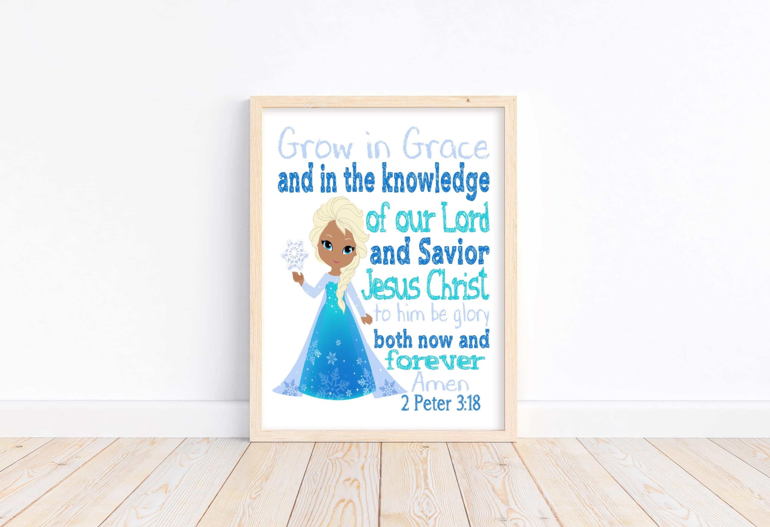 African American Princess Elsa Christian Frozen Nursery Decor - Grow in Grace & Knowledge 2 Peter 3:18 Bible Verse Wall Art - Perfect for Baby Girl's Room, Sunday School & Christian Home Decor