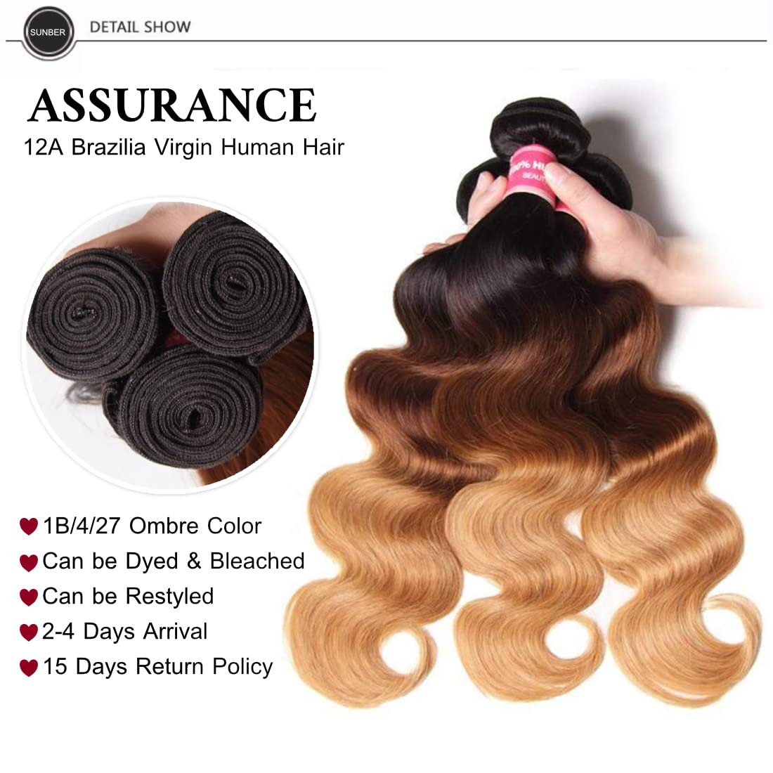 Sunber 12A Grade Ombre Body Wave 3 Bundles Brazilian Virgin Human Hair Extensions - 3 Tone Mixed 1B/4/27 Color (20 22 24 Inch) for Stunning Blended Highlights | Perfect for Salon Styling, Weddings & Everyday Glam