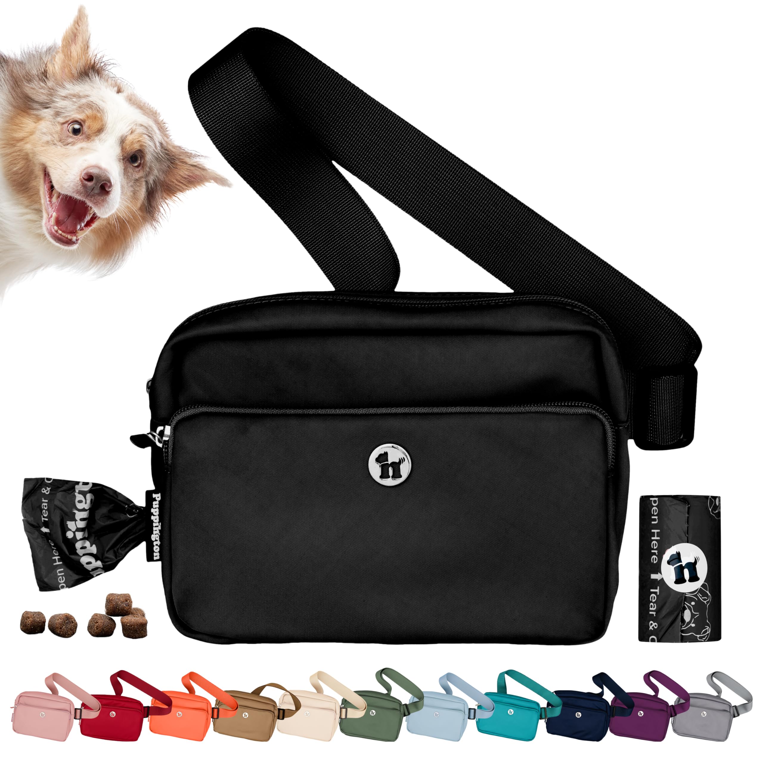 3-in-1 Crossbody Bag & Dog Treat Pouch for Pet Training - Waterproof Dog Walking Bag with Built-In Poop Bag Dispenser & Zippered Pockets - Perfect for Office Commute, Park Visits & Off-Leash Adventures (Onyx Black)