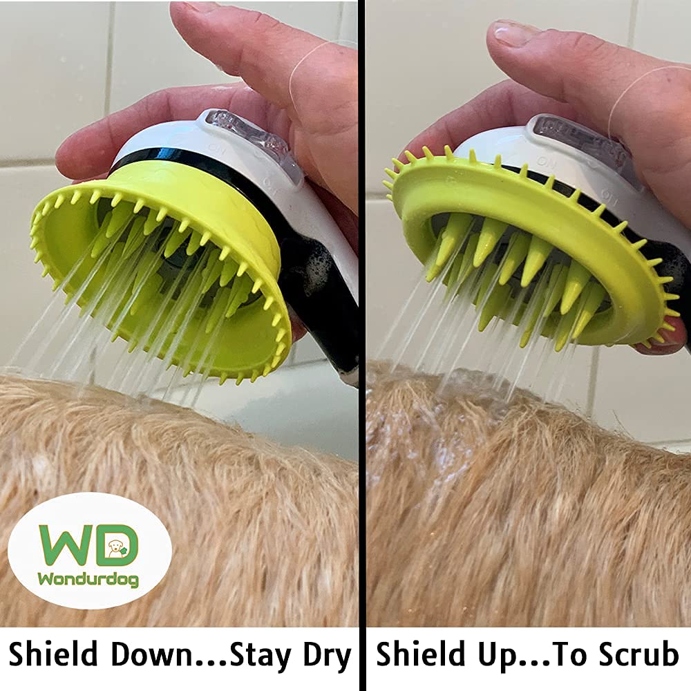 Wondurdog Pet Shower Brush with Rubber Grooming Teeth & Splash Shield - Dog Bath Brush for Grooming & Massaging - Perfect for Bath Time, Shedding Control & Coat Care