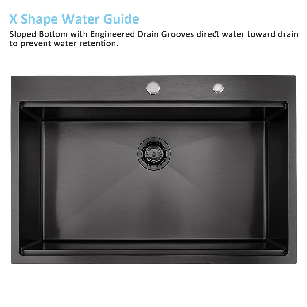 30 Inch Black Drop-In Kitchen Sink Workstation - Bokaiya 30x22 Black Stainless Steel Topmount 16 Gauge Deep Single Bowl Sink with Cutting Board & Strainer - Perfect for Modern Kitchens, Food Prep, and Dishwashing