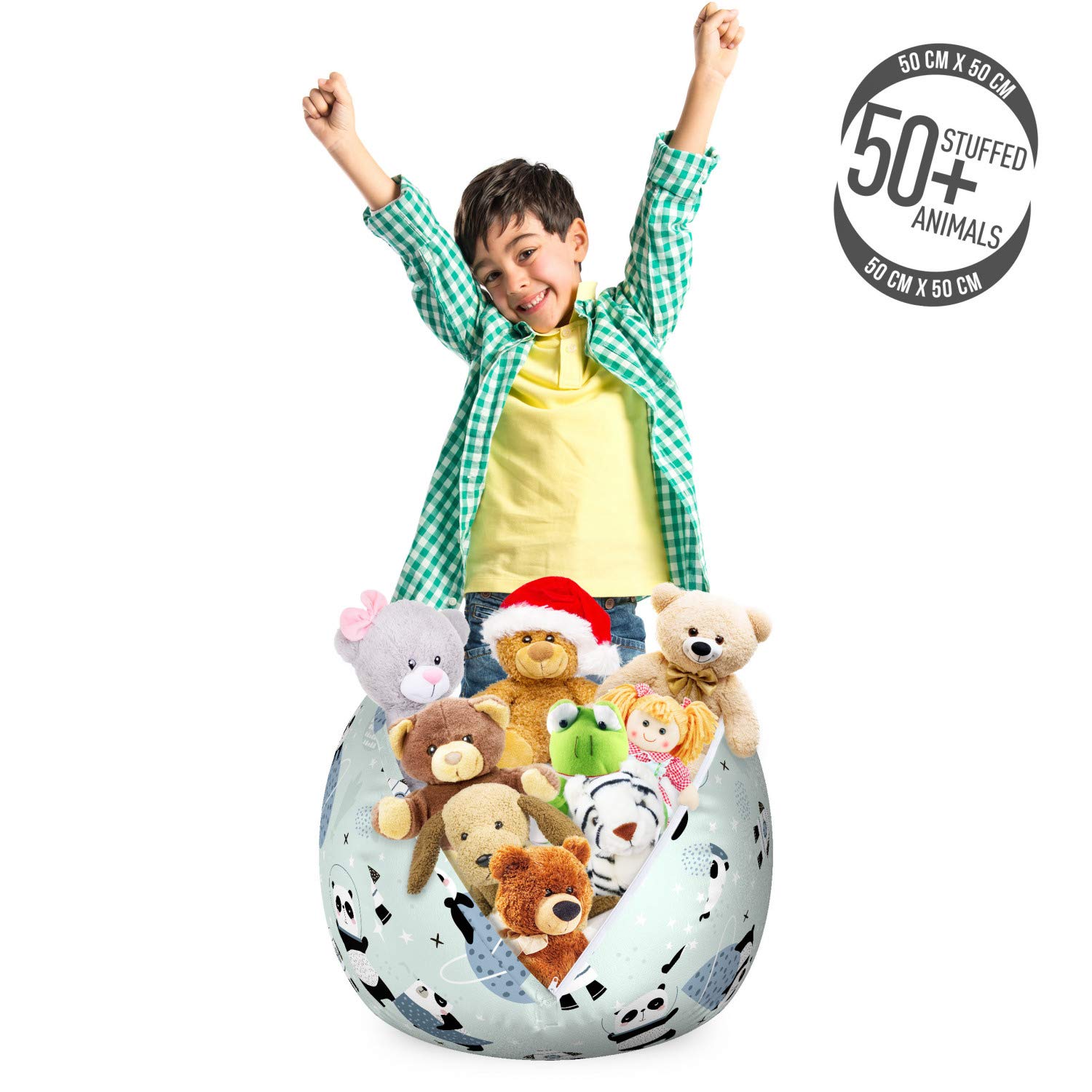 Ambesonne Panda Storage Toy Bag Chair - Pastel Space Animal Pattern with Rockets & Stars, Washable Stuffed Animal Organizer for Kids Room, Nursery, or Playroom - Small Multicolor