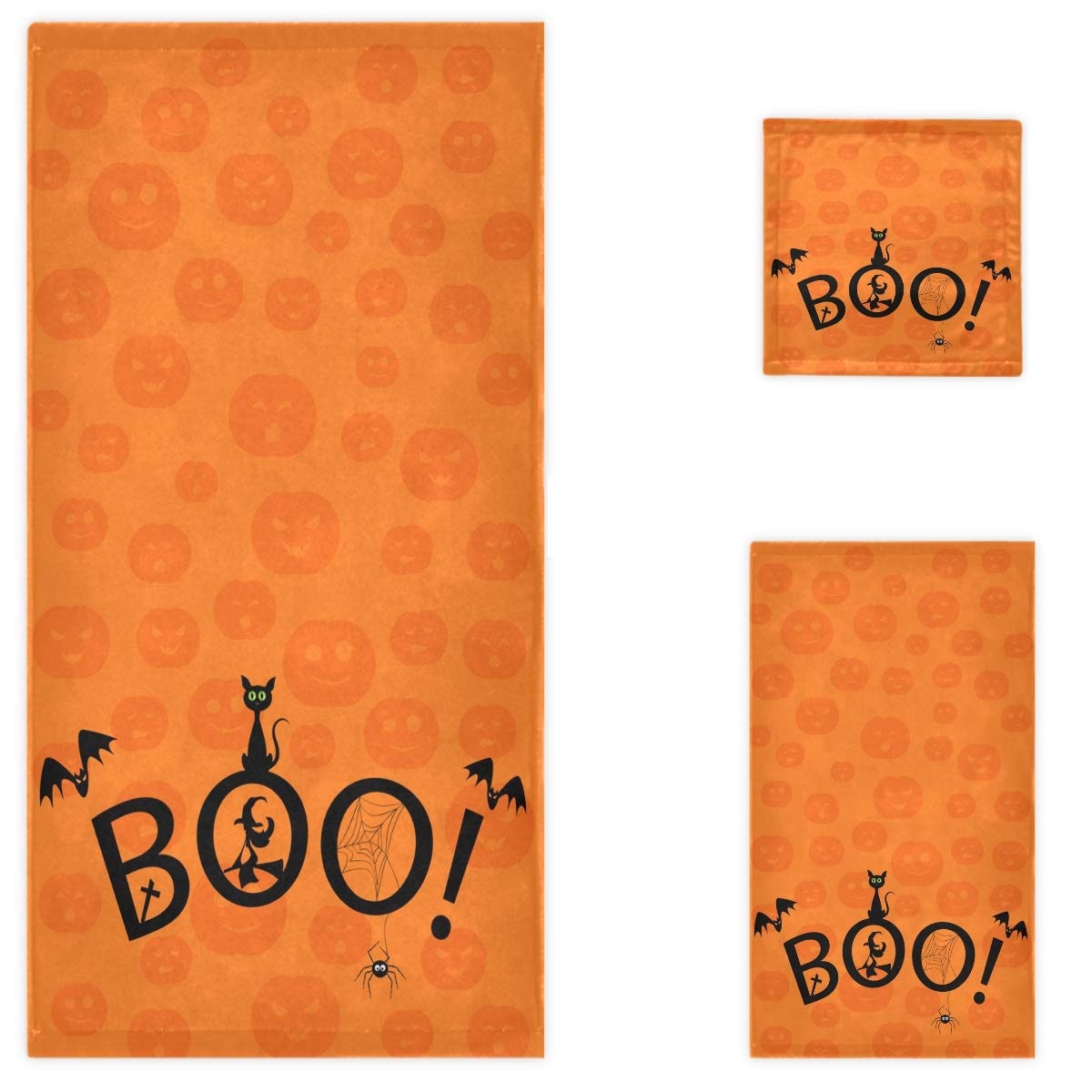 Halloween Boo Pattern Soft Bath Towel Set - 1 Bath Towel, 1 Hand Towel & 1 Washcloth with Black Cat Witch Pumpkin Design | Multipurpose for Bathroom, Hotel, Gym, Spa, Beach | Perfect for Halloween Decor, Fall Home Decor & Spooky Gift (Orange)