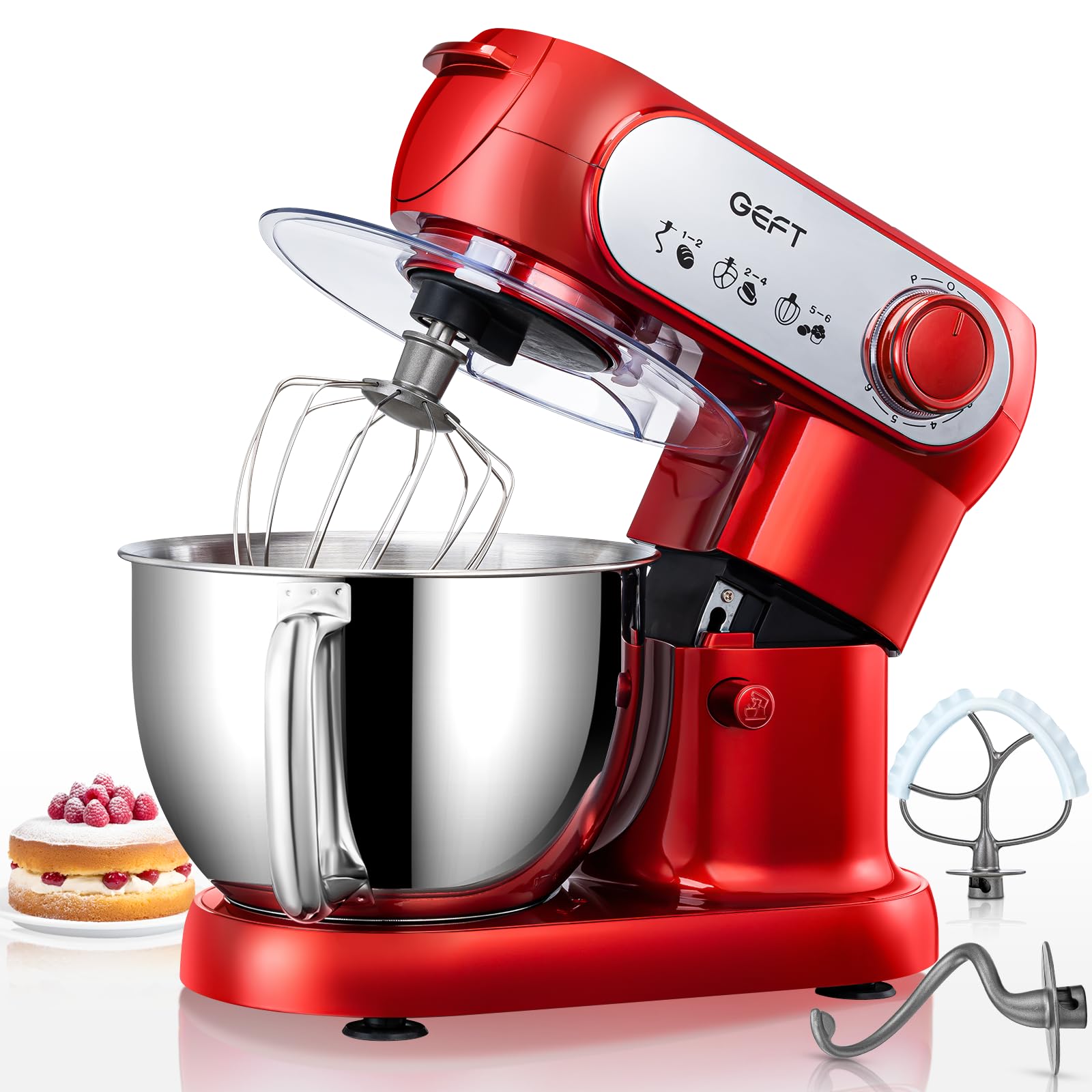 6 QT 600W Tilt-Head Stand Mixer - Powerful Electric Kitchen Mixer with Stainless Steel Bowl, Dishwasher-Safe Dough Hook, Flat Beater & Wire Whisk - Perfect for Baking Bread, Cakes, Cookies & More (Red)