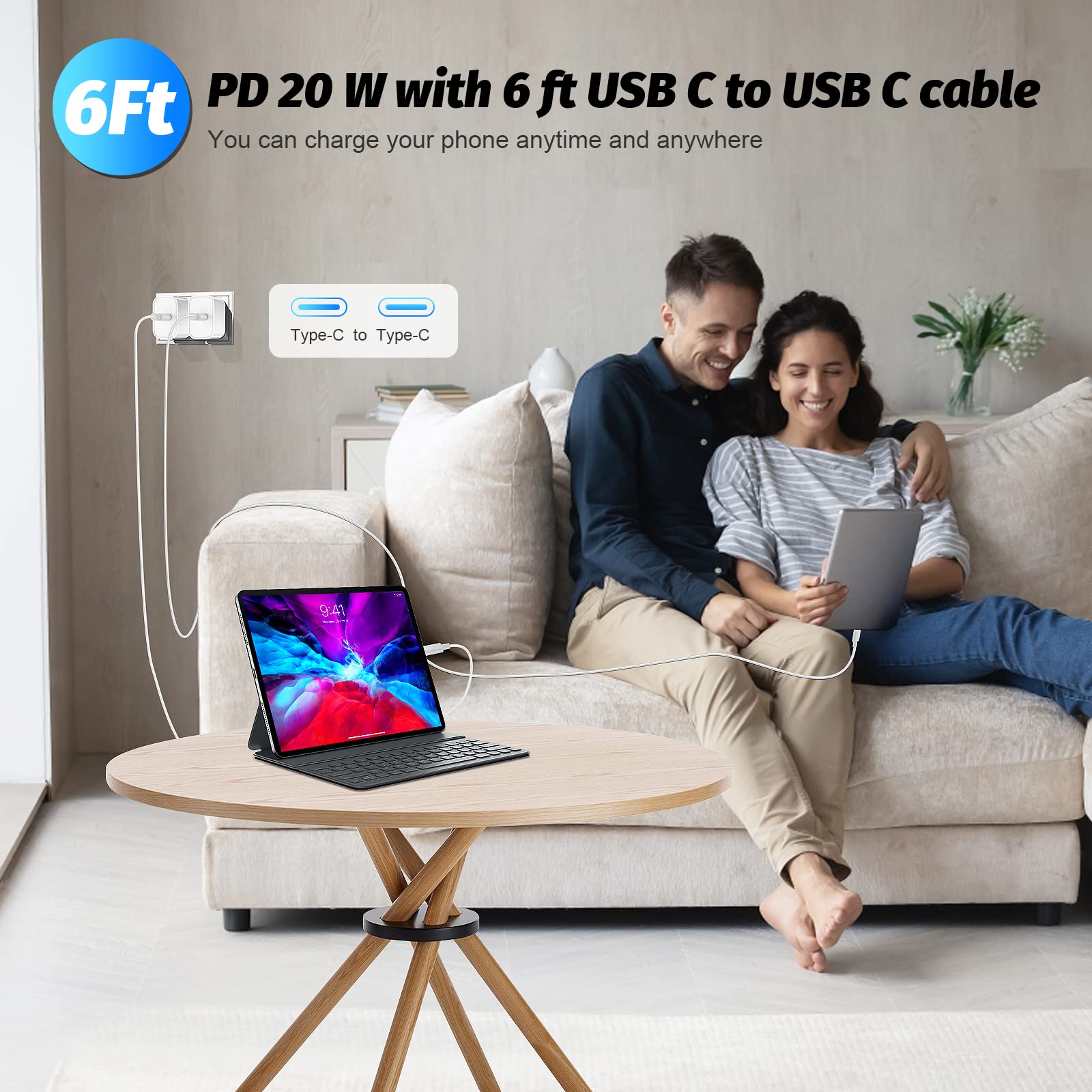[3-Pack] 20W USB C Fast Charger Block with 6FT USB C to USB C Cable - Compatible with iPad Air 4/5, iPad Mini 6, iPad Pro 12.9 3/4/5/6, iPad Pro 11 (2018-2022), Samsung & LG - Perfect for Home, Office & Travel Charging