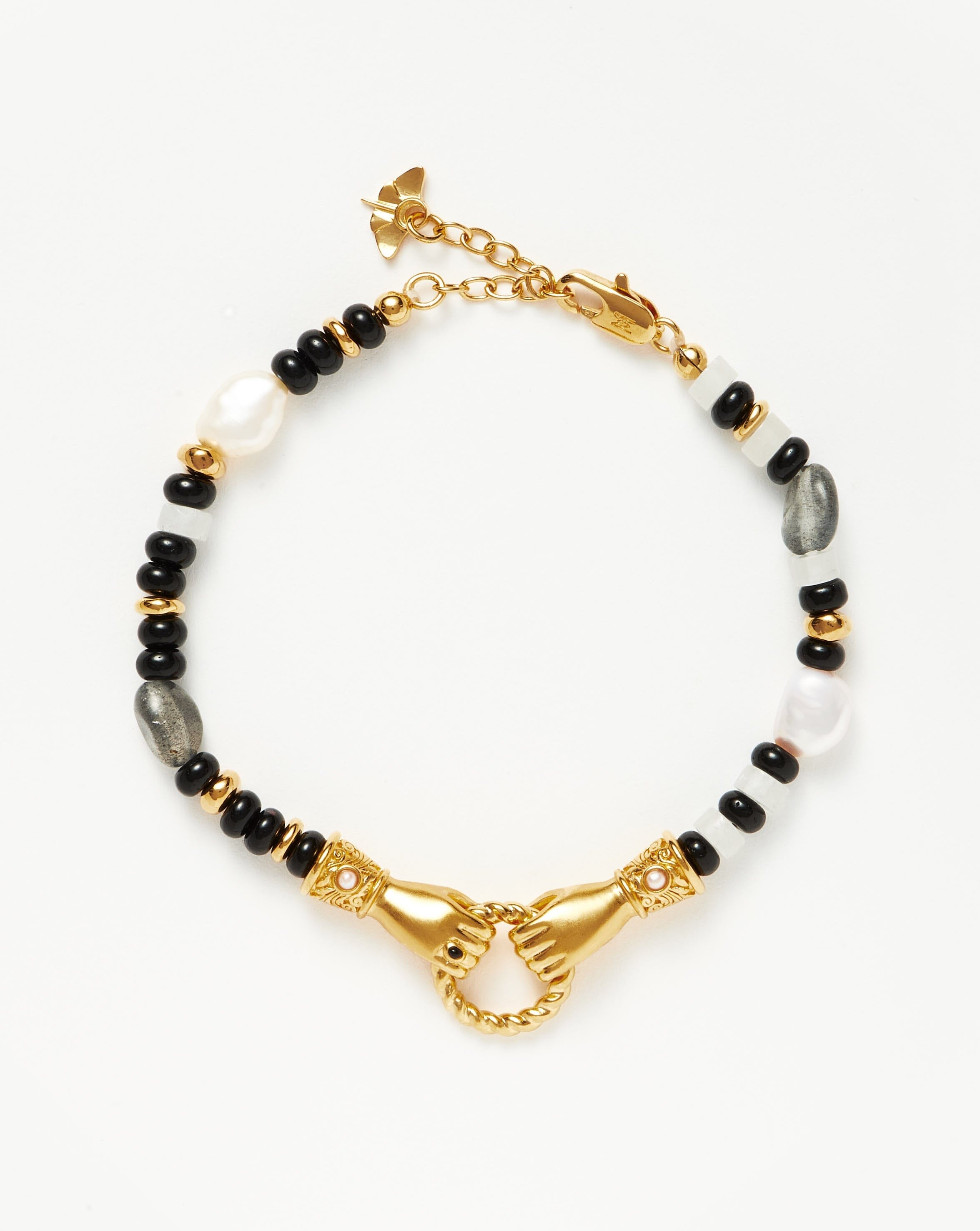 Harris Reed In Good Hands Beaded Gemstone Bracelet - 18k Gold Plated Black Chalcedony & Pearl Bracelet for Women | Elegant Jewelry Gift for Birthday, Anniversary & Special Occasions