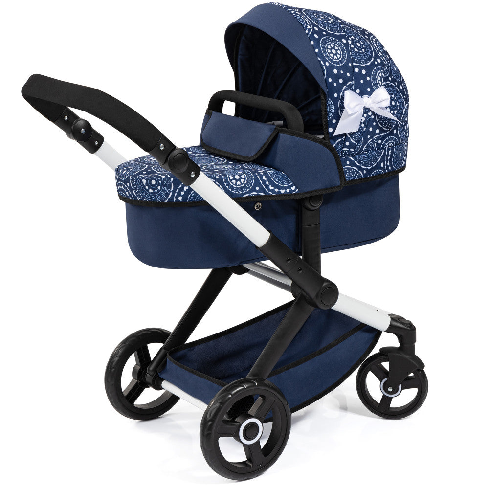 Bayer Design Xeo Pram Doll Stroller - Blue & White Circle Pattern for 18