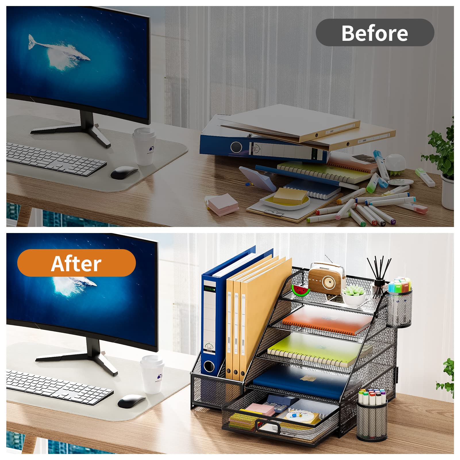 5-Tier Mesh Desk Organizer with File Holder & Drawer - Letter Tray, Pen Holders & Office Storage | Perfect for Home Office, School & Workspace Organization