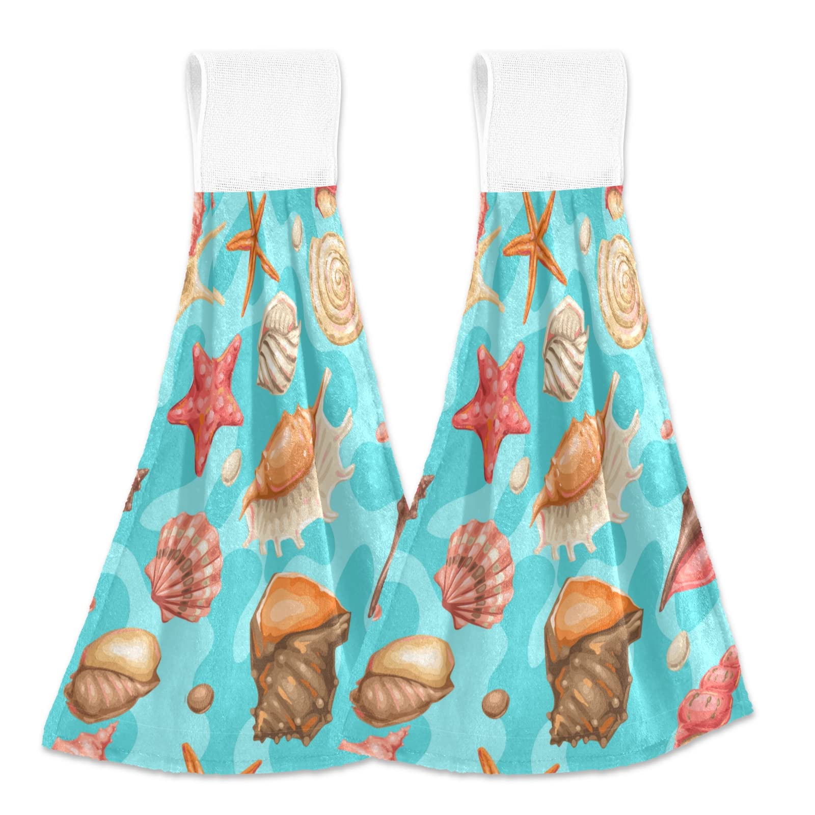 Boccsty Summer Seashell Starfish Hand Bath Towels 2 Pack - Absorbent Kitchen Towels, Hanging Washcloths & Face Towels for Home, Bathroom, Farmhouse Decor - Perfect for Beach House, Coastal Theme, and Vacation Rentals
