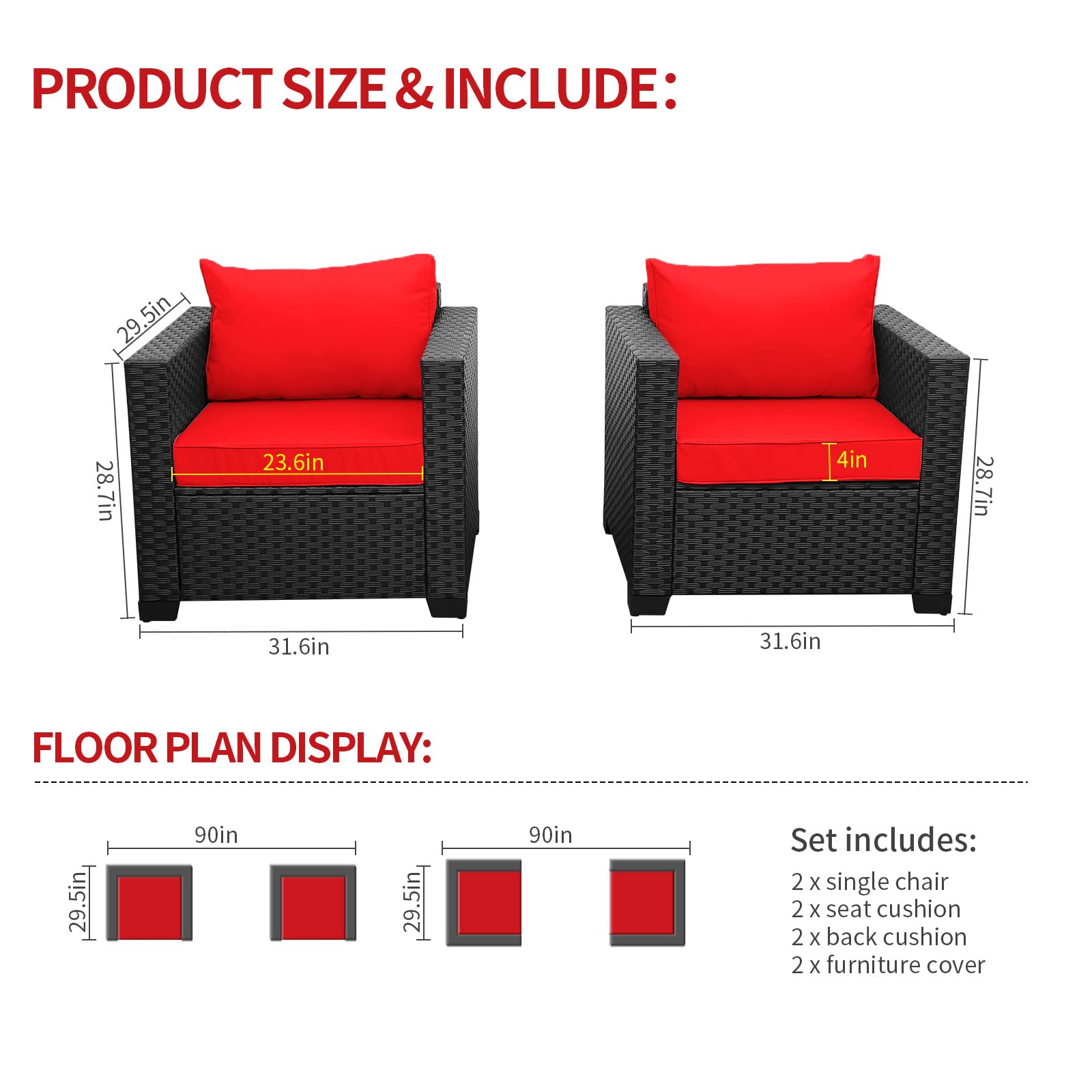 Premium Rattan Outdoor Club Chair Set of 2 - Waterproof Patio Sofa Chairs with Anti-Slip Cushions & Protective Cover - Red - Perfect for Garden, Poolside & Backyard Relaxation