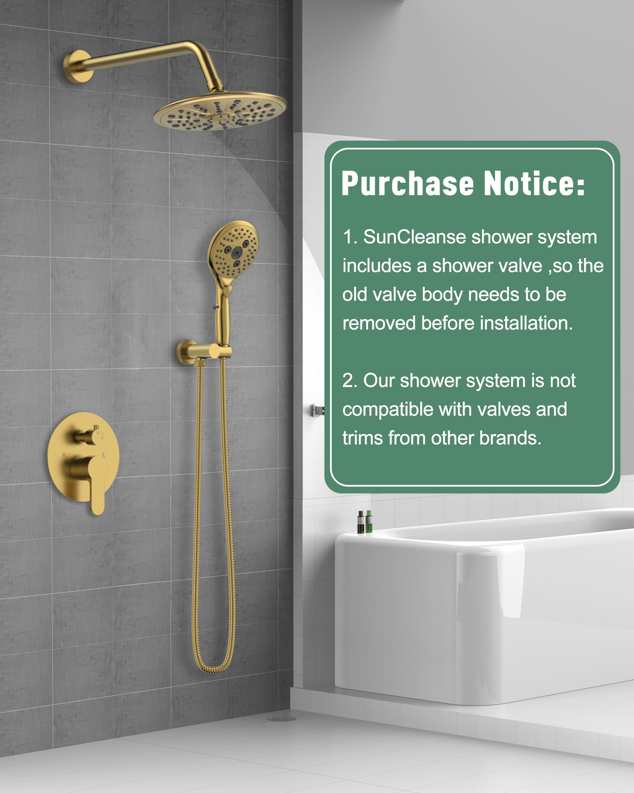 Suncleanse Gold Shower Faucet Set - 8.5 Inch Rainfall Shower Head with 7-Setting Handheld Sprayer, Rough-in Valve & Trim Kit - Complete Luxury Bathroom Shower System for Spa-like Experience